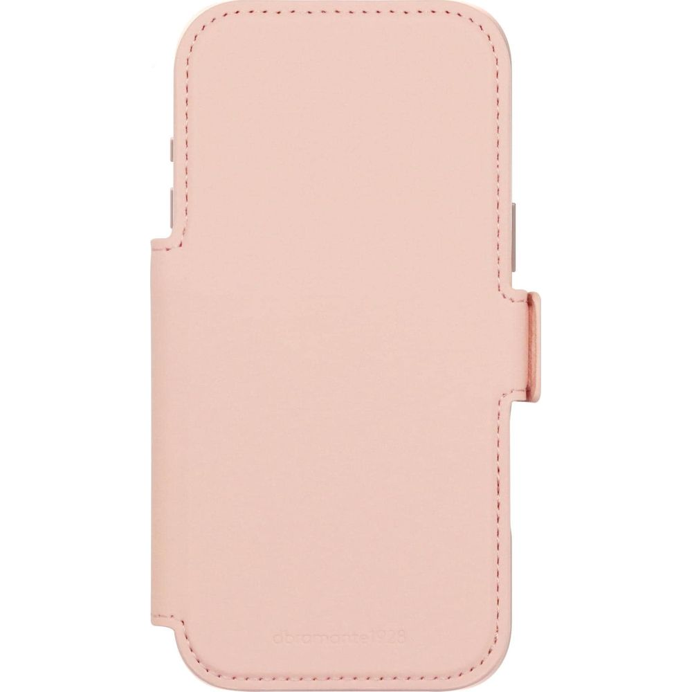 Una custodia per telefono in pelle rosa pallido con cuciture e linguetta.