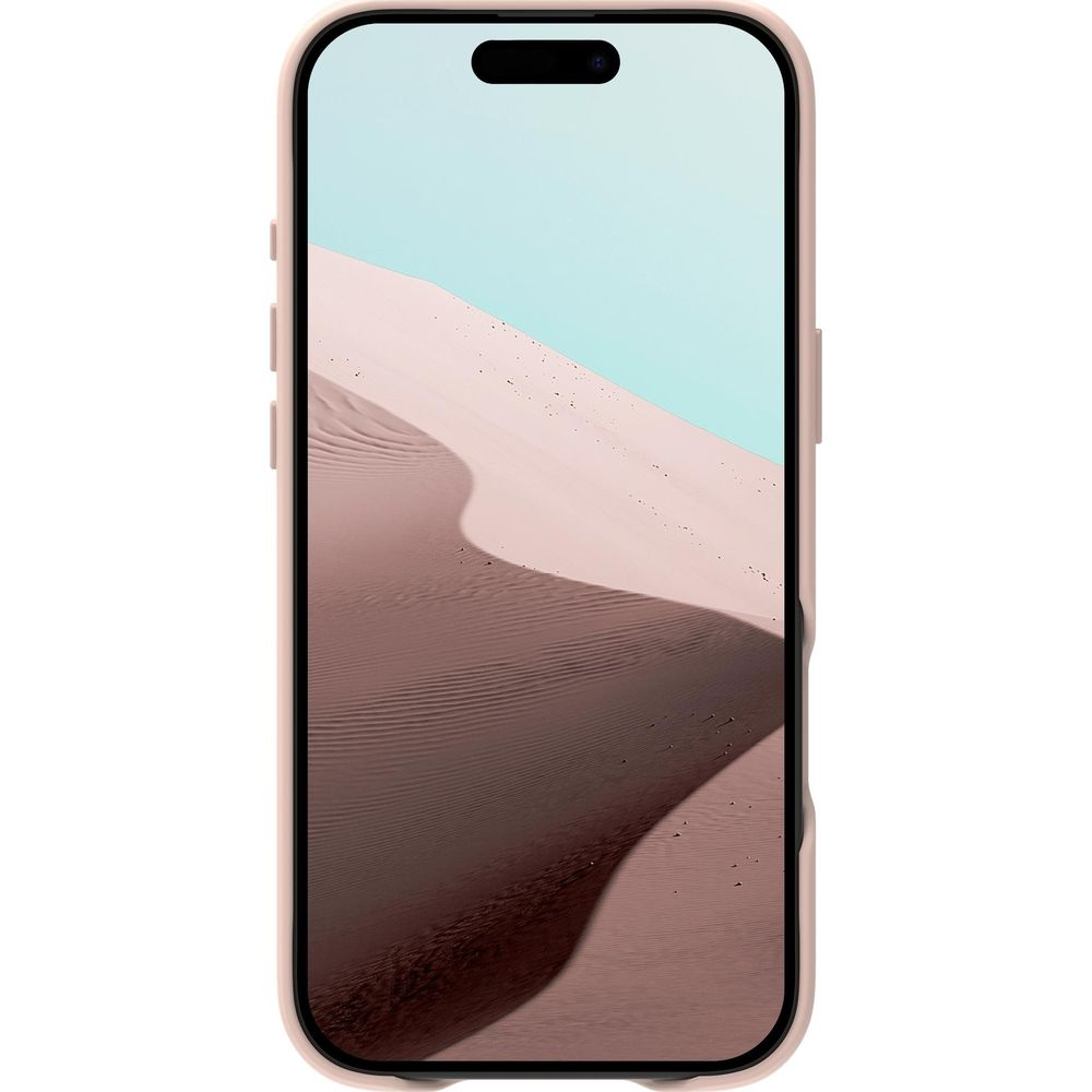 Uno smartphone rosa con uno sfondo di dune del deserto e cielo blu.