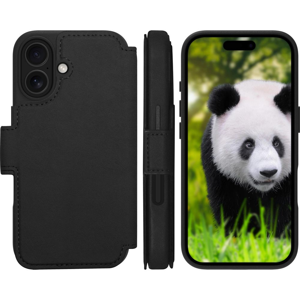 Una custodia nera per telefono vista da tre angolazioni con un panda sullo schermo.