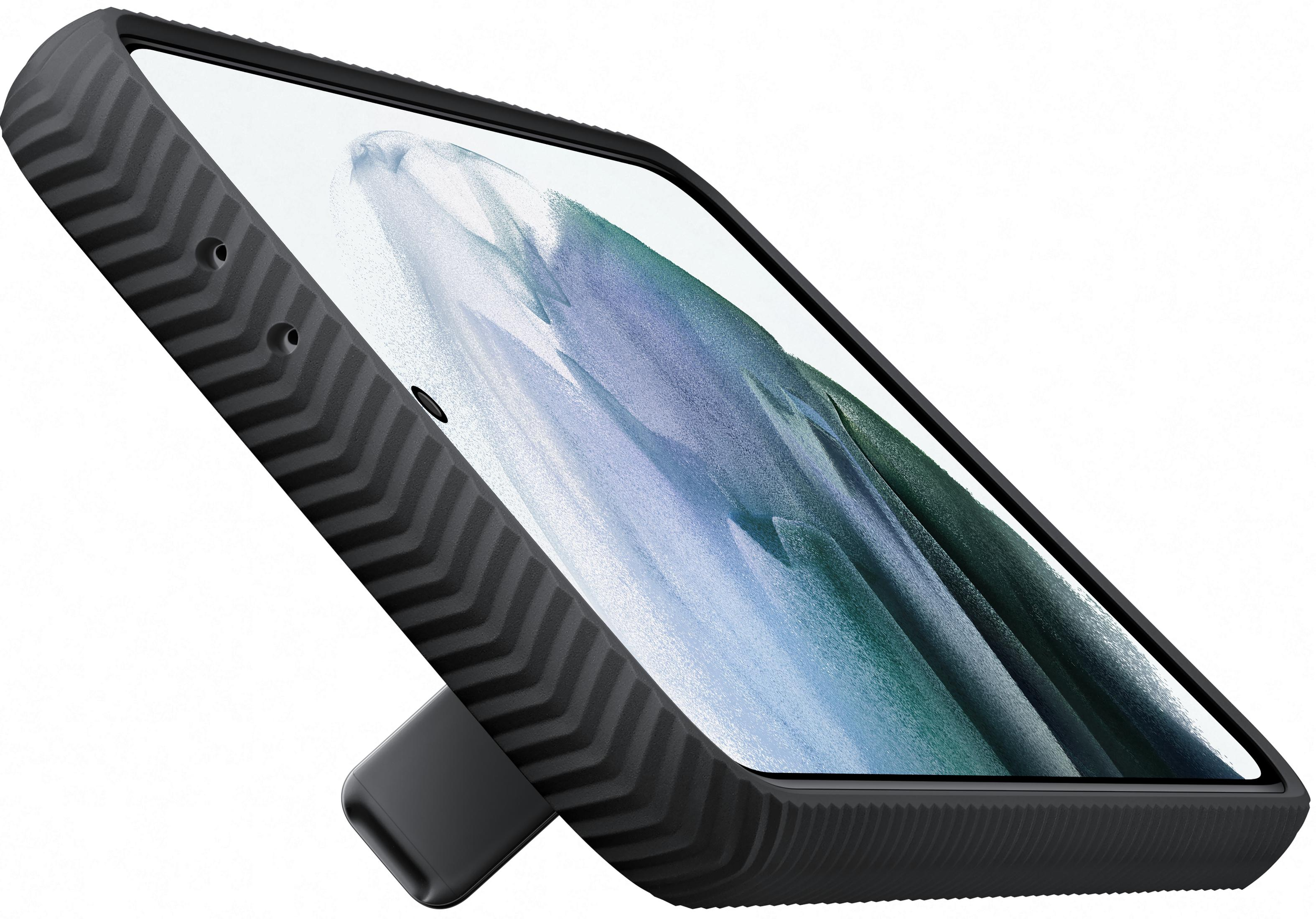 Funda de teléfono negra con patrón de zigzag y soporte integrado.