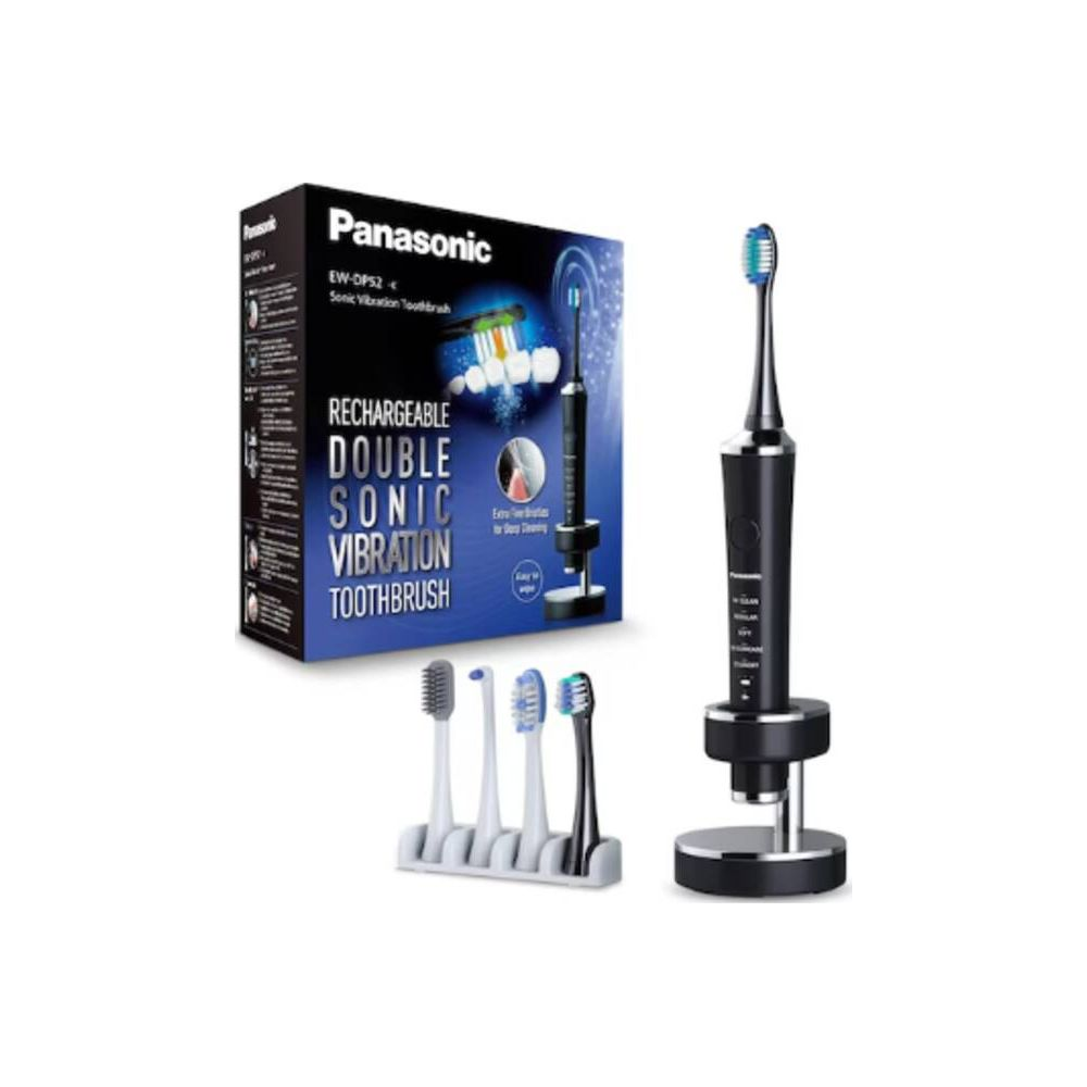 Ein schwarzer elektrischer Sonicare Zahnbürsten-Set mit Ladestation und Aufsätzen.
