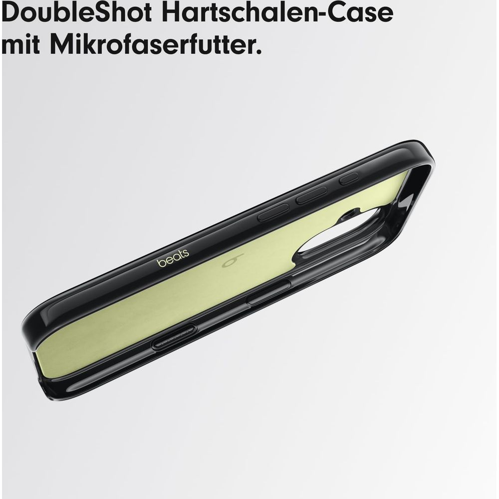 Czarne etui na telefon z żółtą wyściółką, logo Beats na zewnątrz.