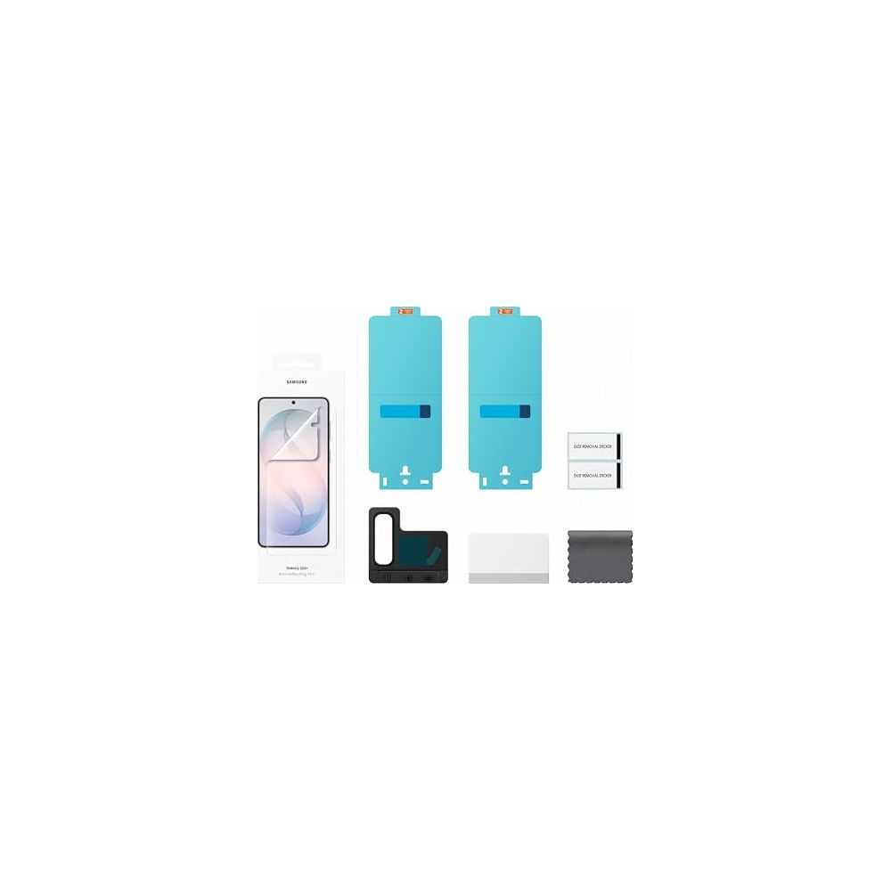 Verpakking met twee screenprotectors, stofverwijderingsstickers en microvezeldoek.