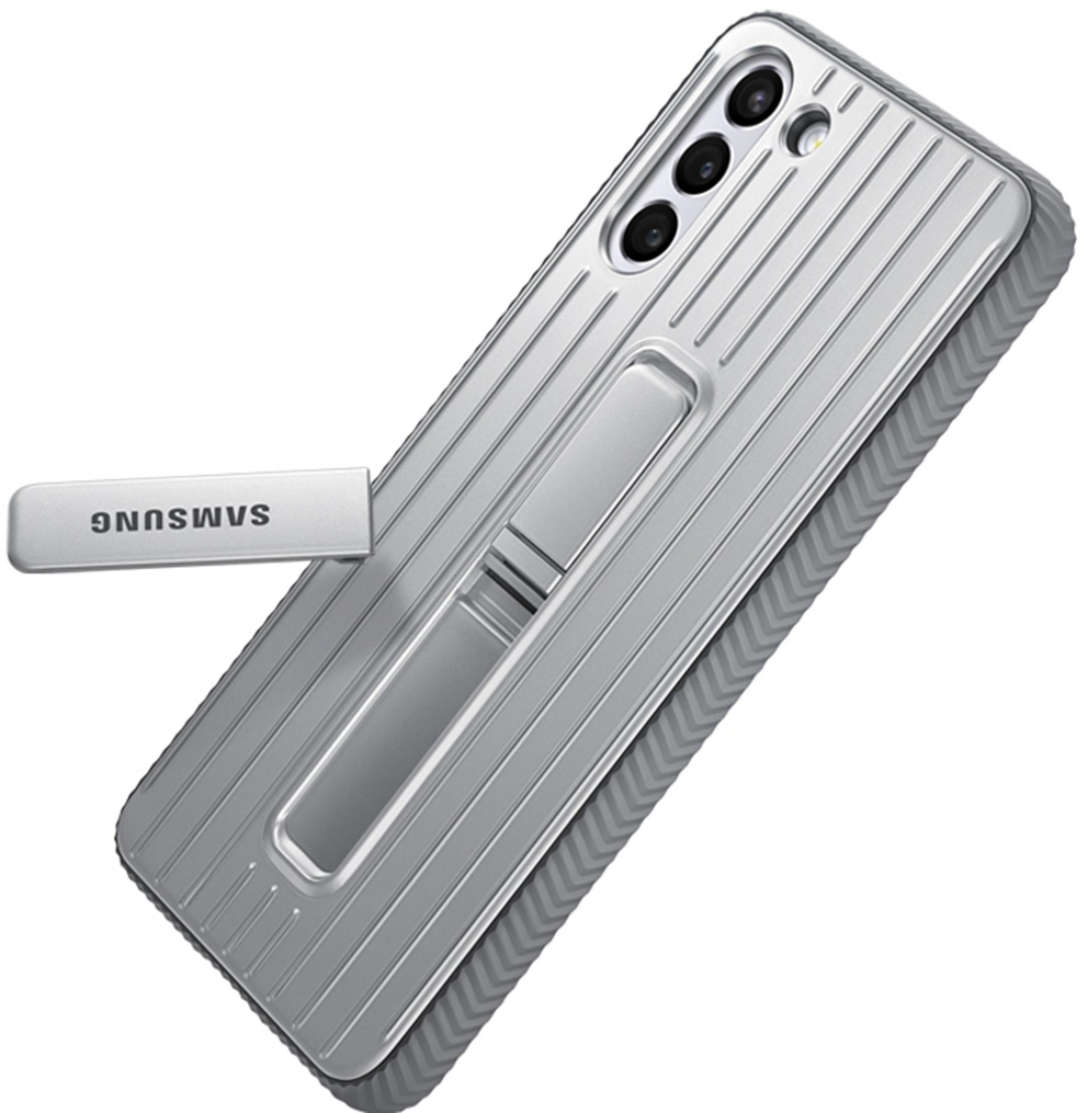 Silberne Samsung Handyhülle mit Querstreifen und integriertem Ständer.