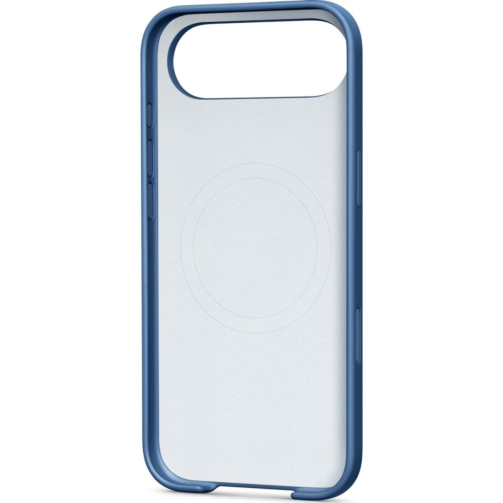 Niebieskie etui na telefon z przezroczystym tyłem i okręgiem magnetycznym.