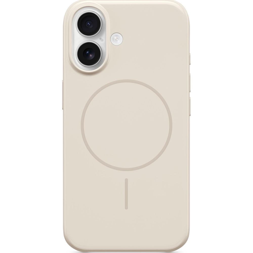 A cream-colored phone case featuring two camera lenses and a circle/line pattern.