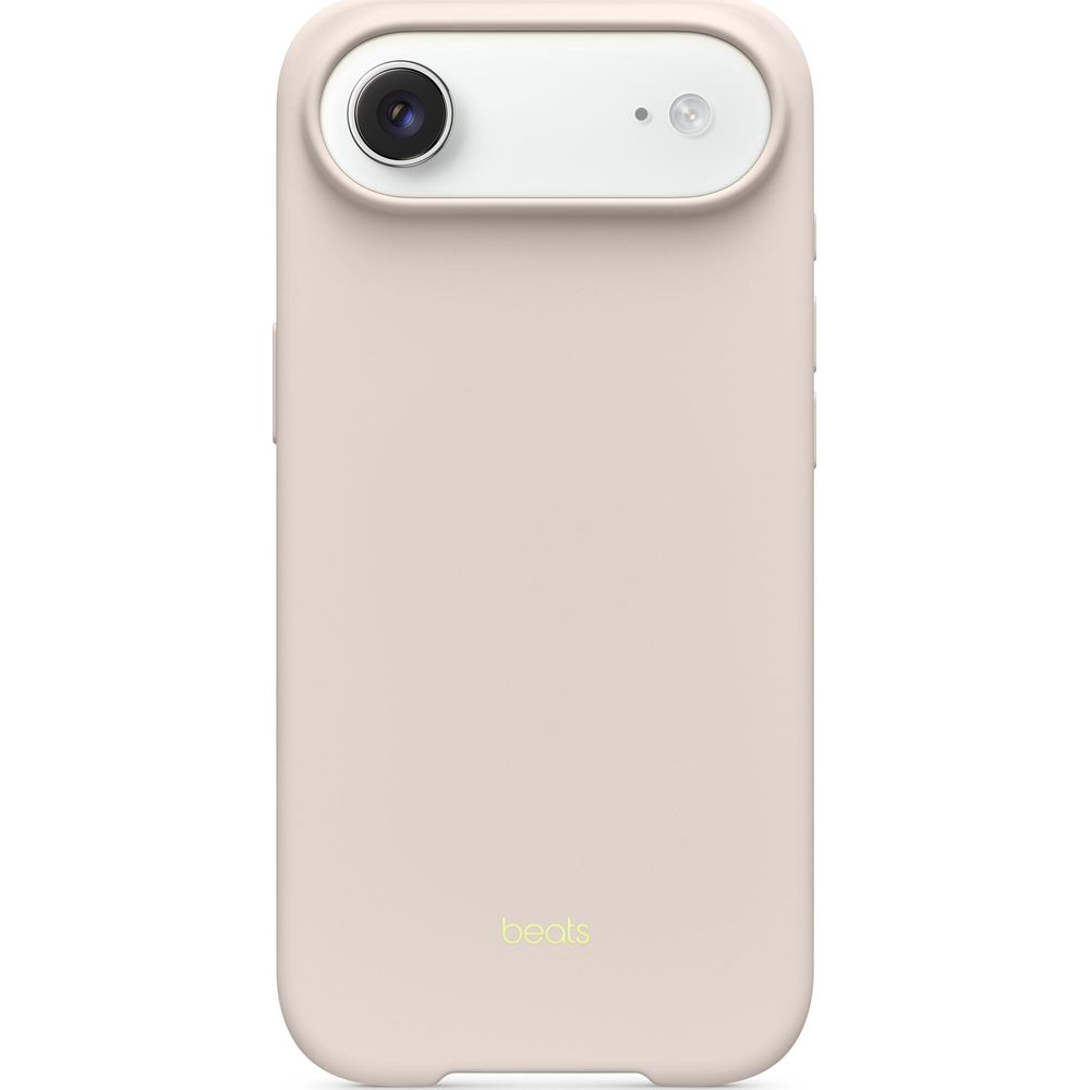 Różowe etui na telefon z modułem aparatu i logo Beats.