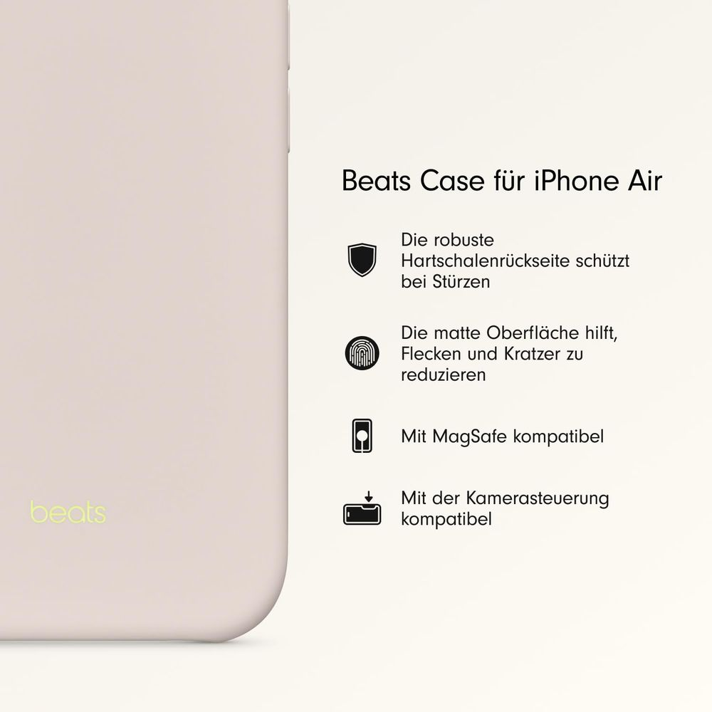 Różowe etui na iPhone Air z logo Beats i cechami produktu.