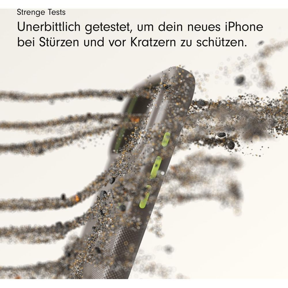 Etui na iPhone otoczone kurzem i zanieczyszczeniami, demonstrujące odporność na upadki i zarysowania.