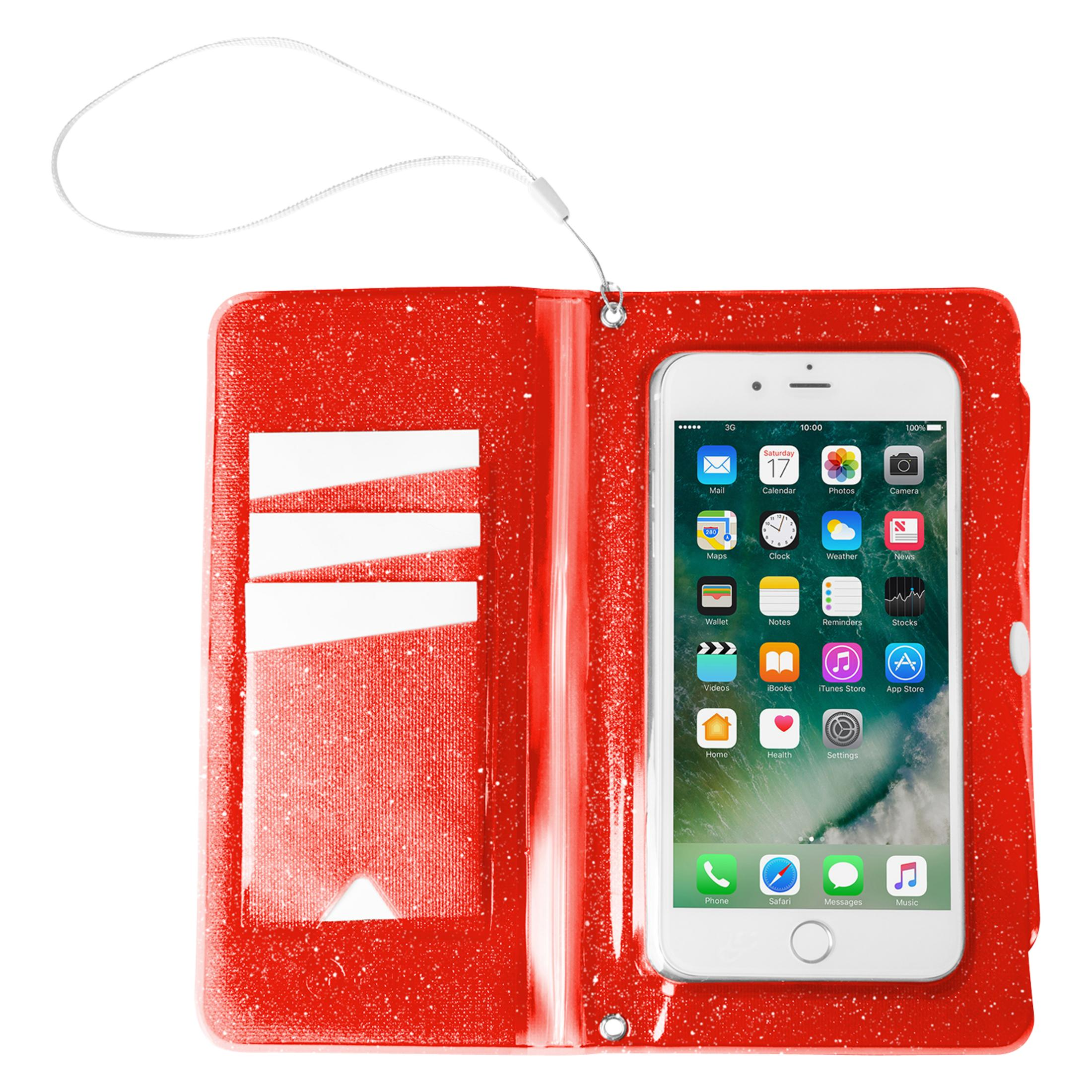 Custodia rossa glitterata per telefono con slot per carte e interfaccia app.