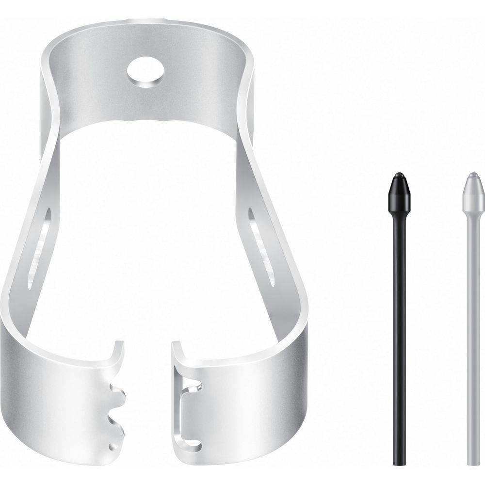 Srebrny uchwyt na rysik z czarnym i srebrnym rysikiem.