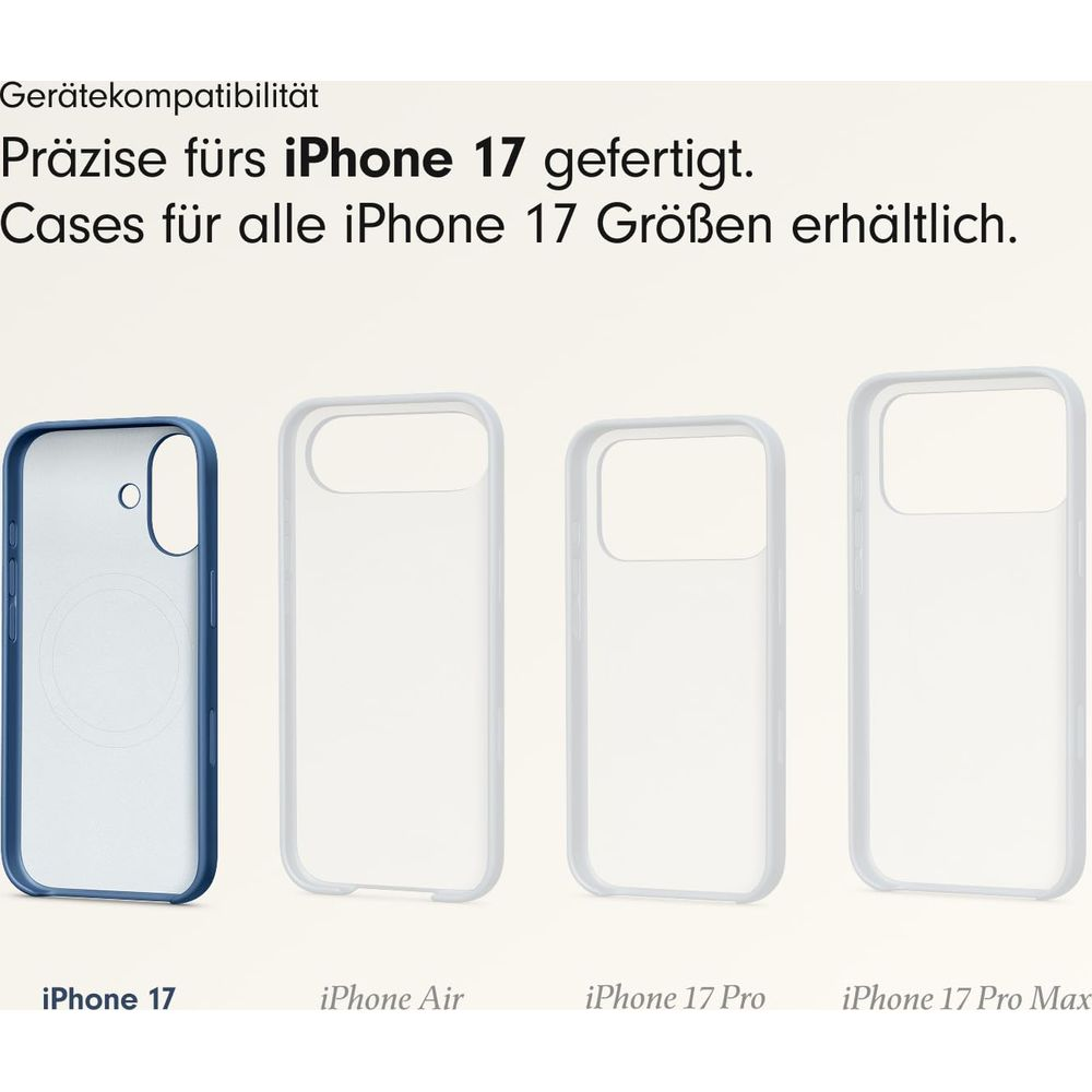Cztery etui iPhone 17: jedno niebieskie dla iPhone 17, trzy przezroczyste.