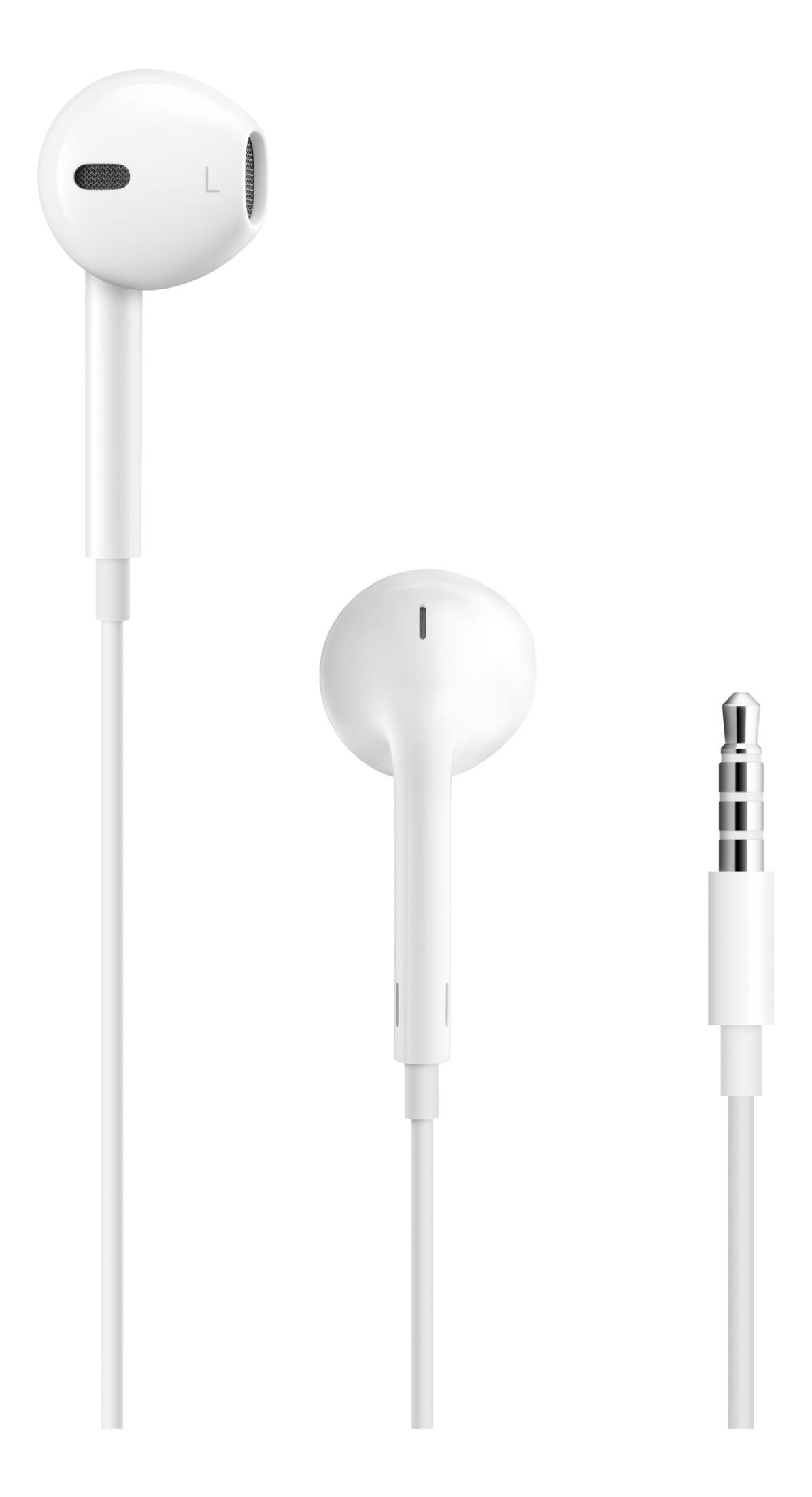 Auricolari bianchi con cavo e jack da 3,5 mm su sfondo bianco.