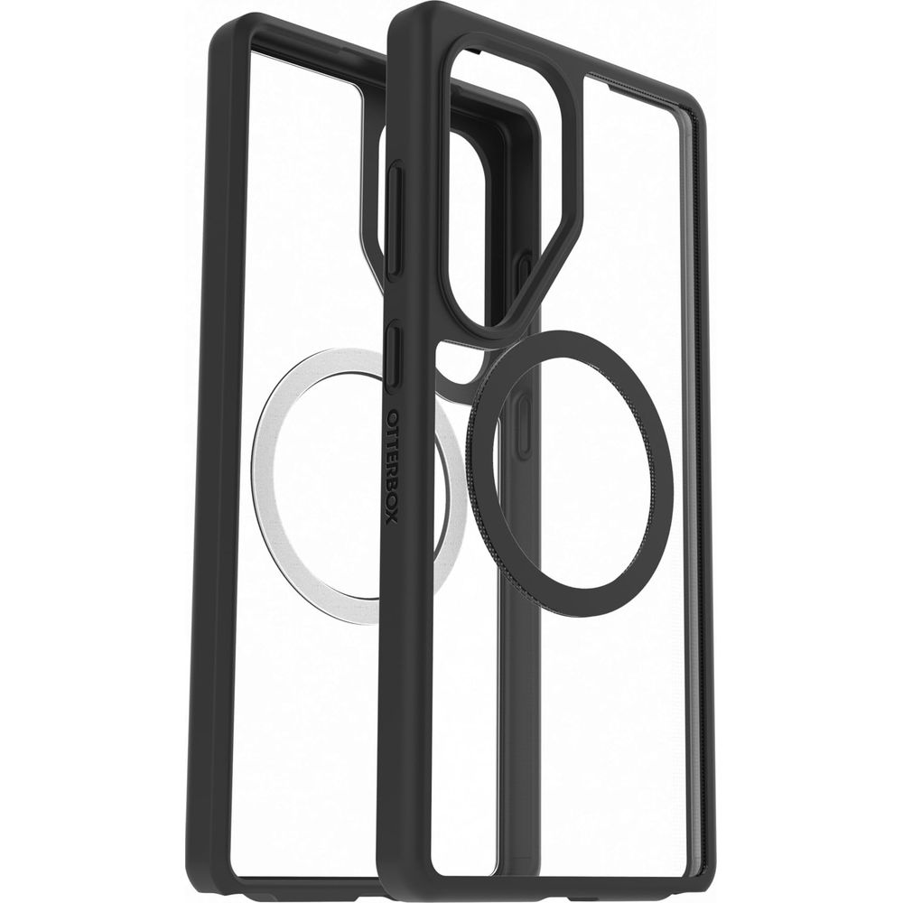 Zwei schwarze Handyhüllen mit durchsichtigem Hintergrund und Magnetring.