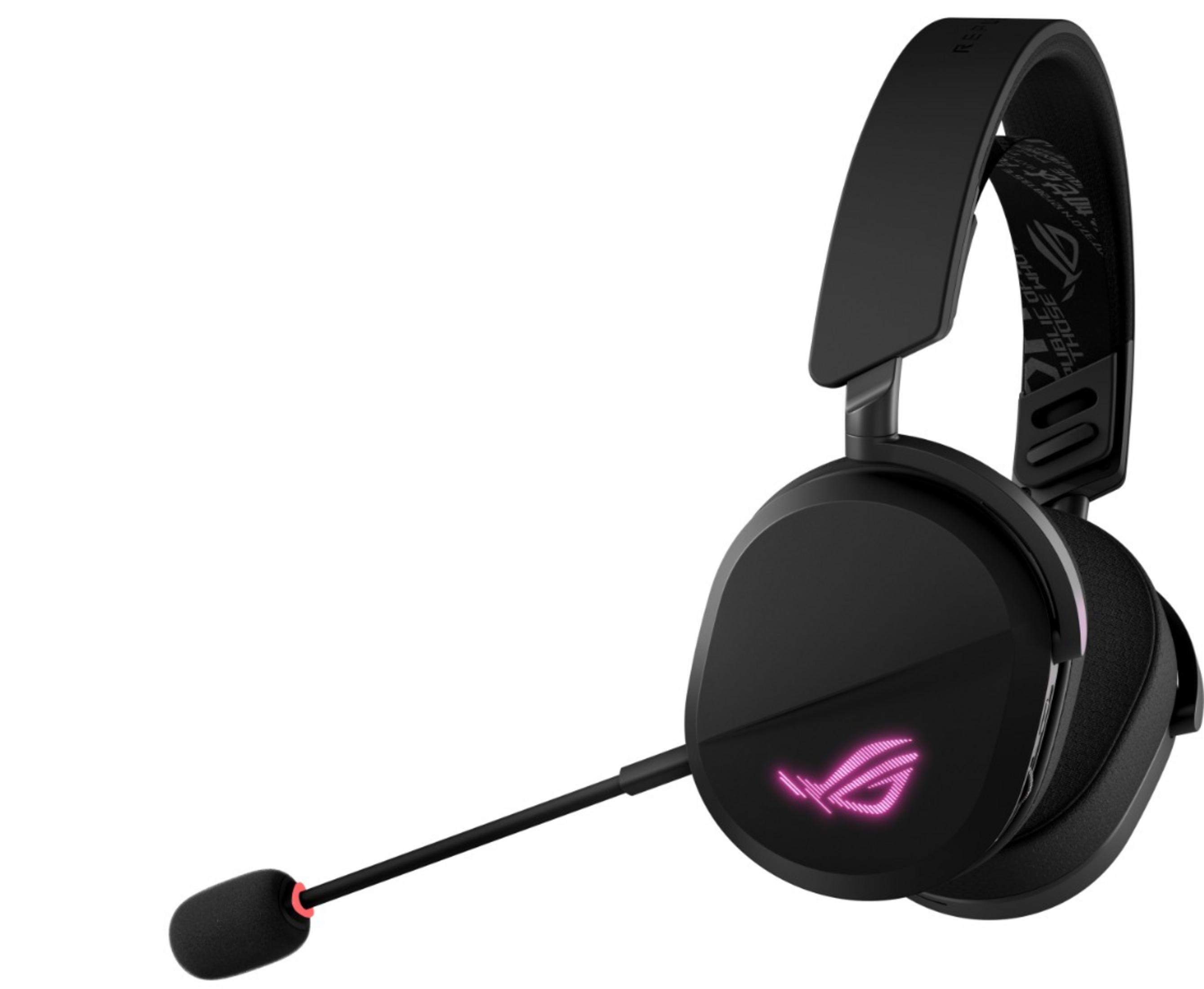 Czarny zestaw słuchawkowy do gier z mikrofonem i podświetlanym logo ROG.