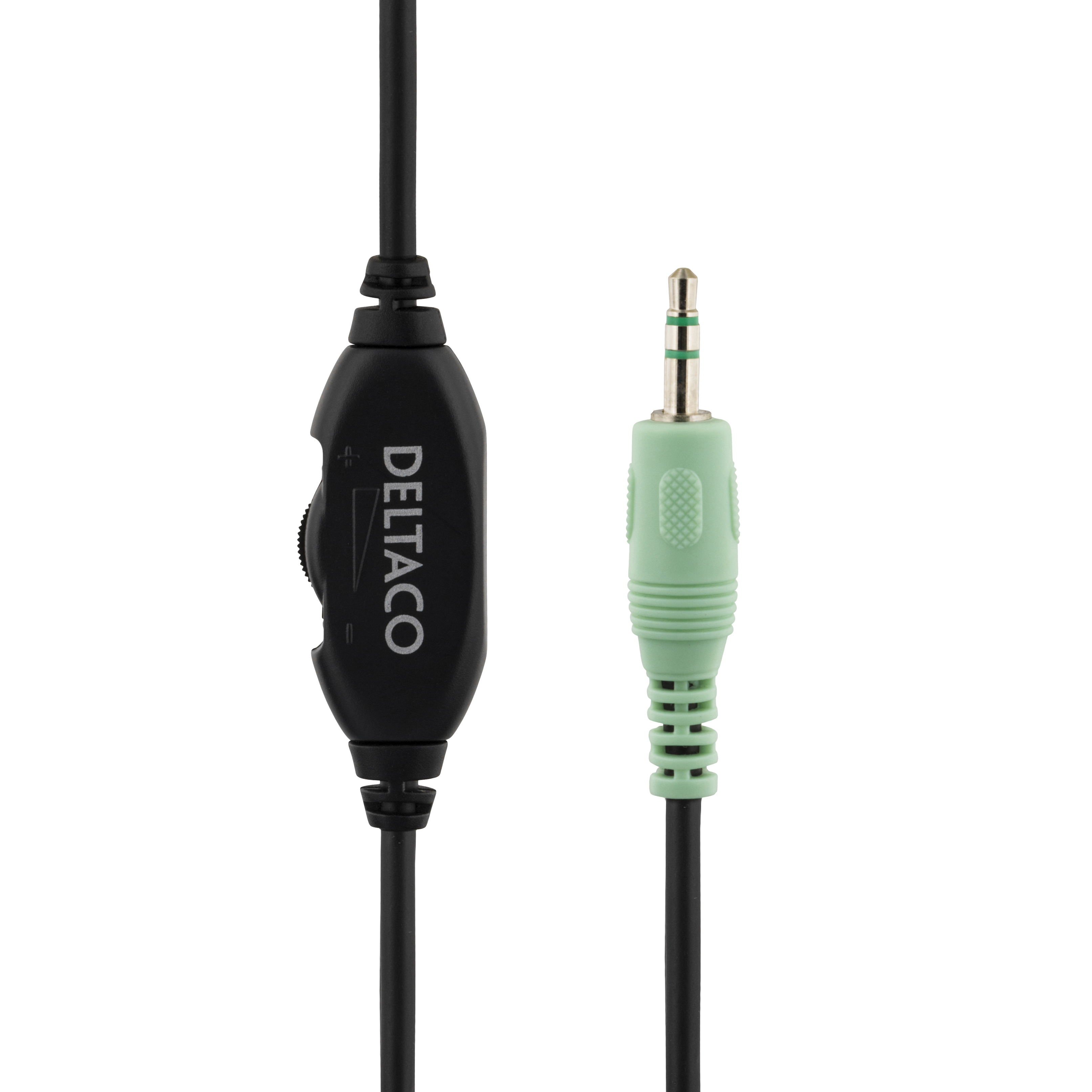 Black cable with volume control and 3.5mm plug.
