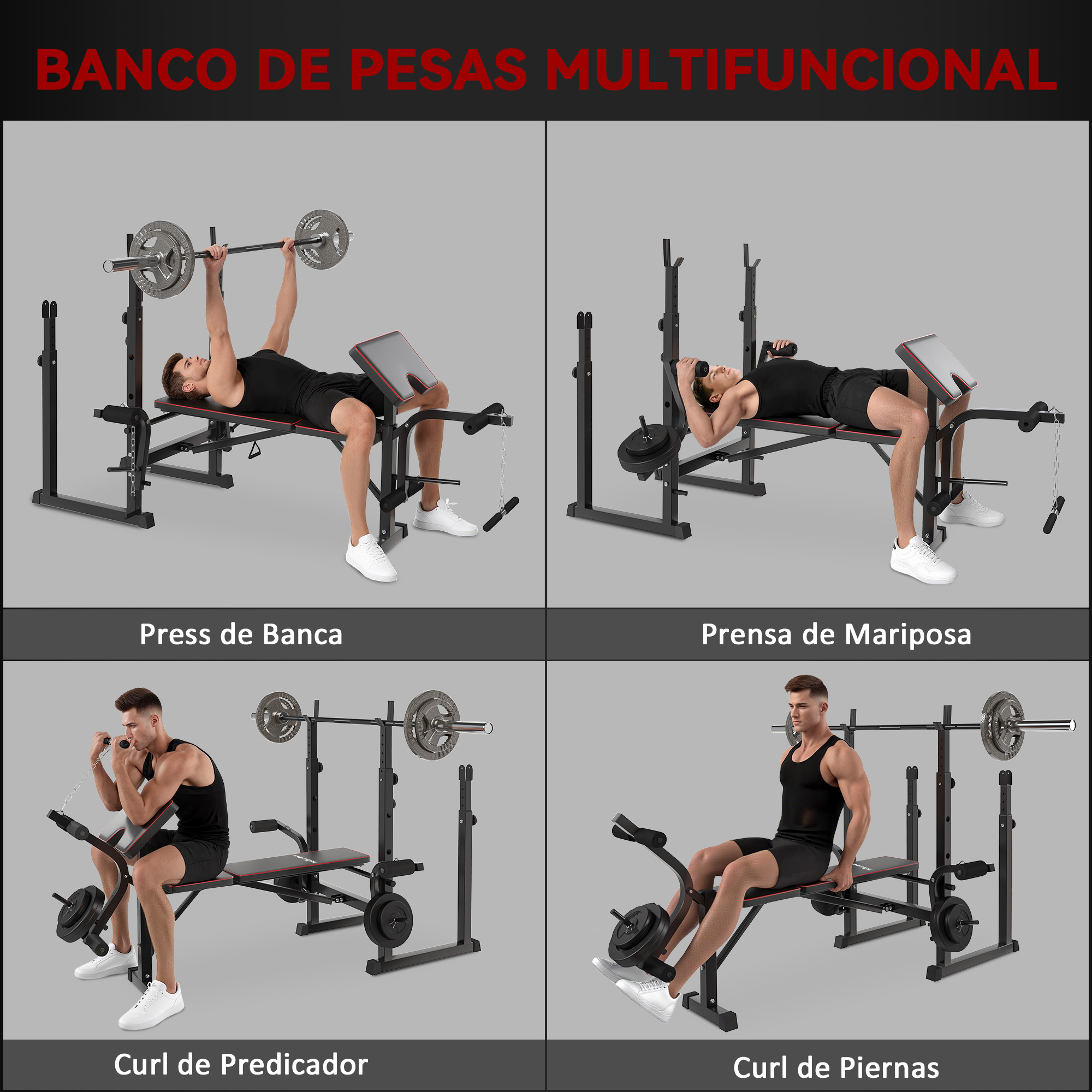Un hombre hace press de banca, otro press mariposa, curl predicador y curl de piernas.
