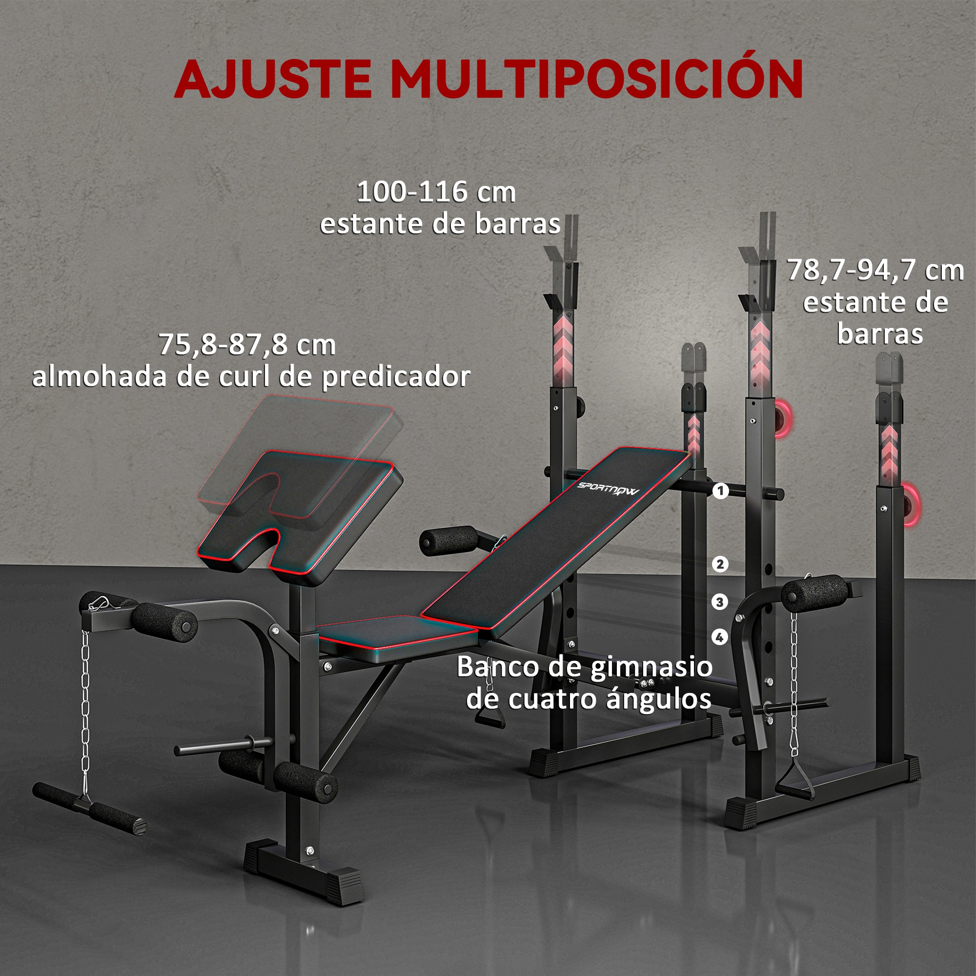 Banco de pesas multiposición ajustable con soportes y almohadilla predicadora.