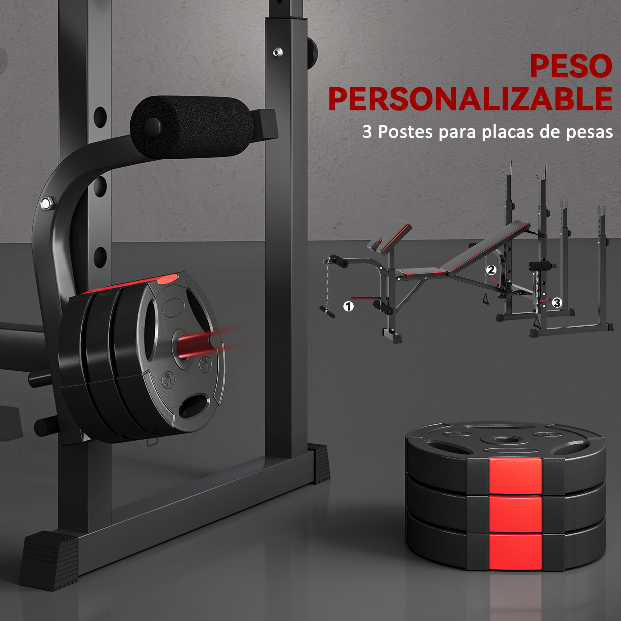Una máquina de gimnasio con pesas, banco y almacenamiento de peso. Peso personalizable.