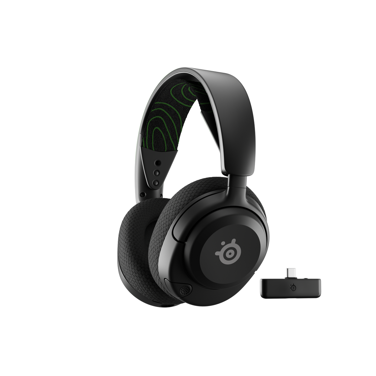 Cuffie nere con motivo verde e dongle USB-C su sfondo bianco.