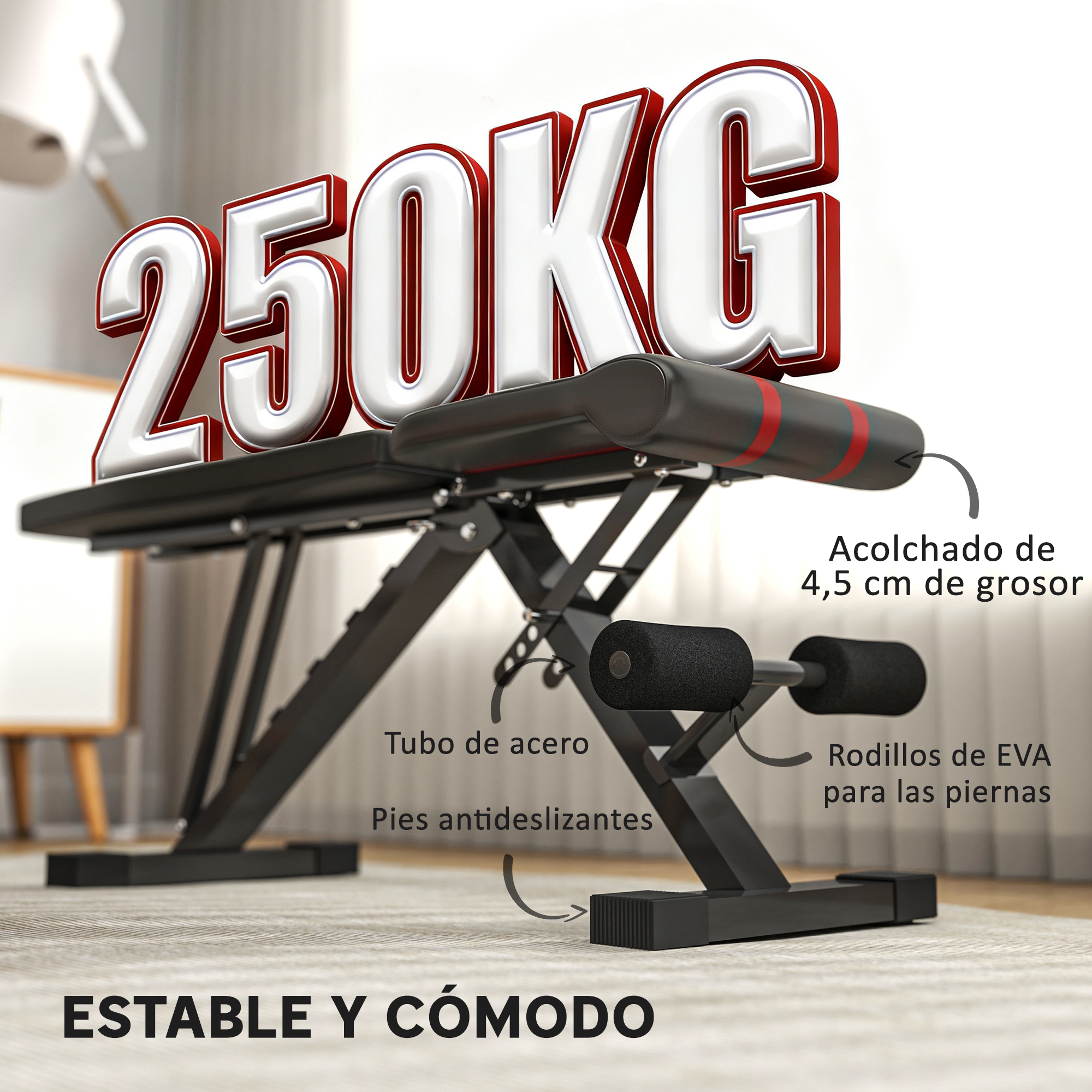Banco de pesas de 250 kg con tubo de acero, rodillos EVA y acolchado.