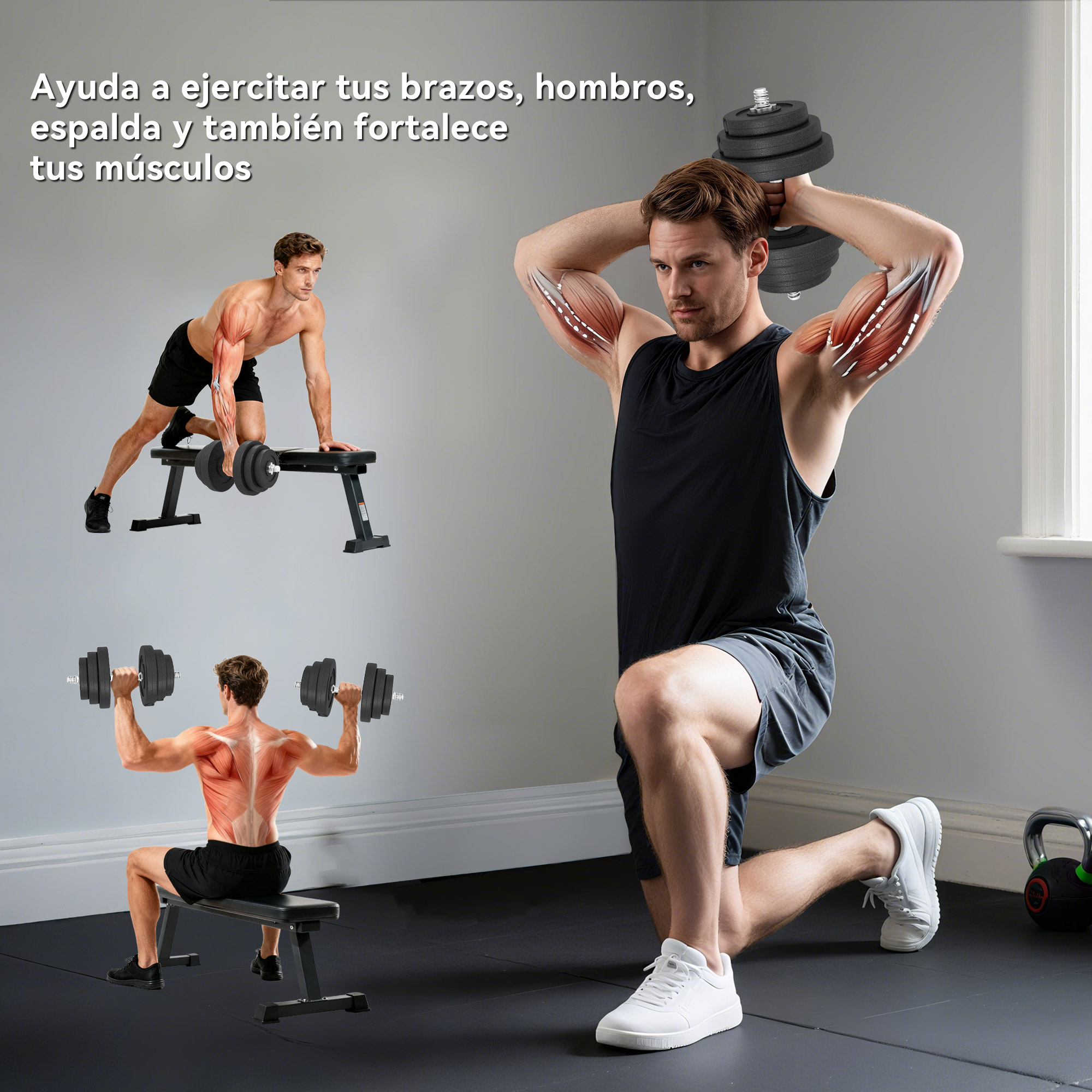 Hombre levanta mancuerna sobre su cabeza, ejercita brazos.