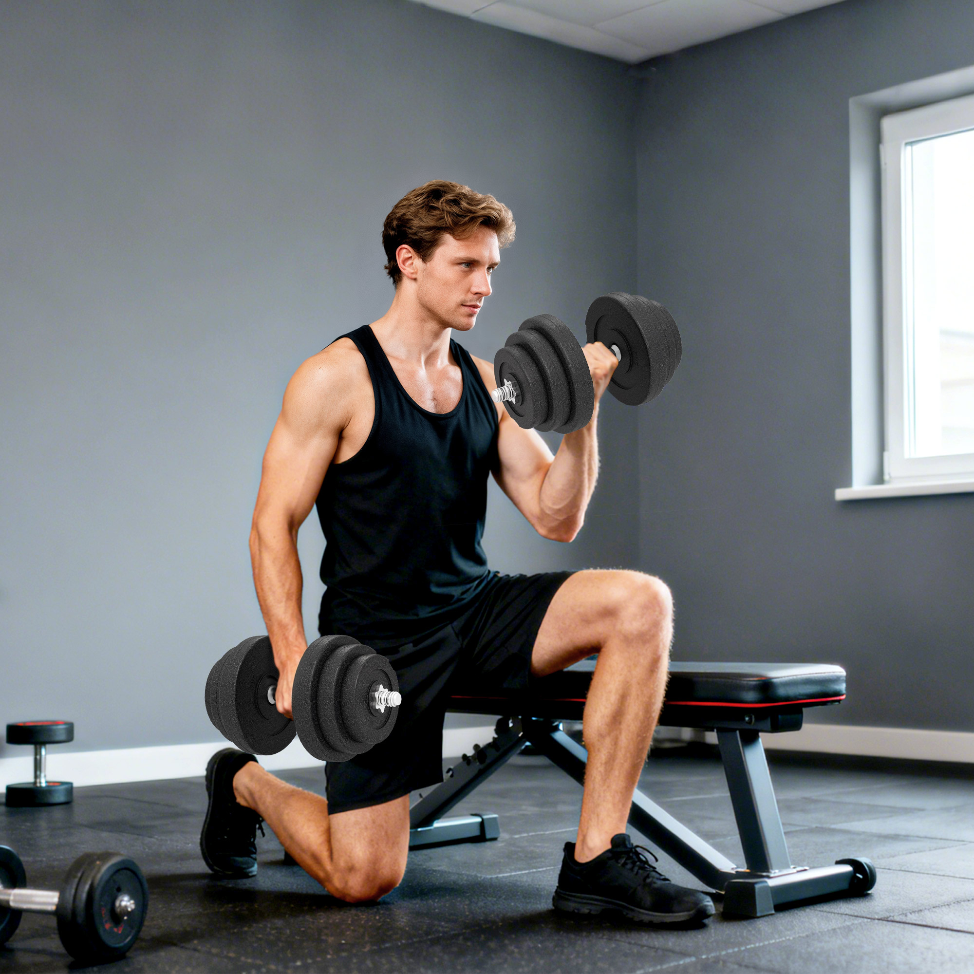 Hombre en un gimnasio haciendo zancadas con mancuernas.