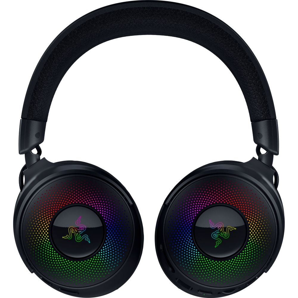 Czarne słuchawki z tęczowym podświetleniem RGB i logo Razer.