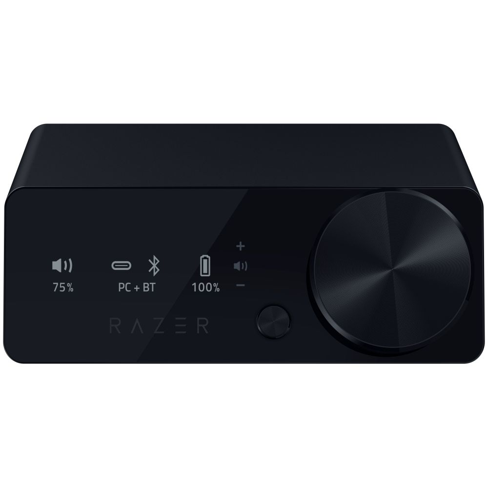 Czarny sprzęt audio Razer z pokrętłem, przyciskami i wyświetlaczem.