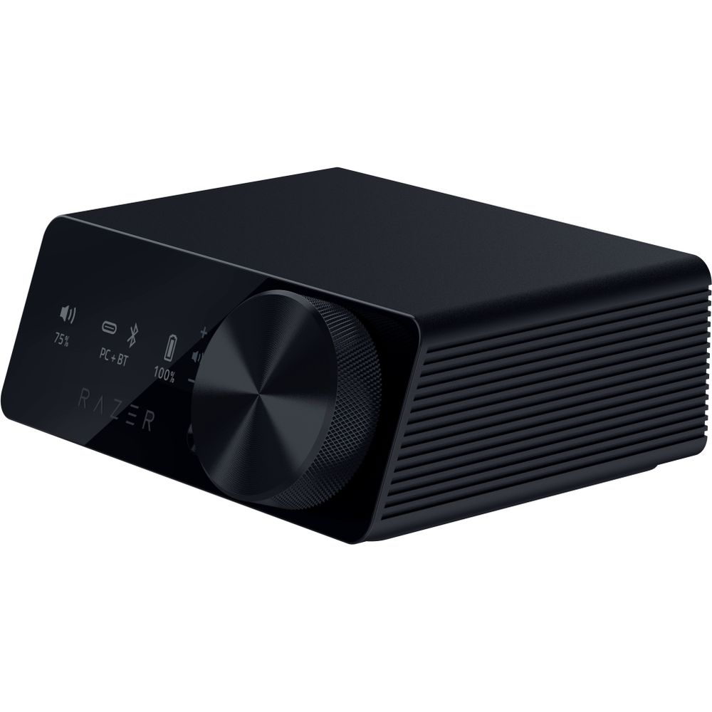 Czarny głośnik Razer z dużym pokrętłem głośności i wyświetlaczem cyfrowym (75% i 100%).