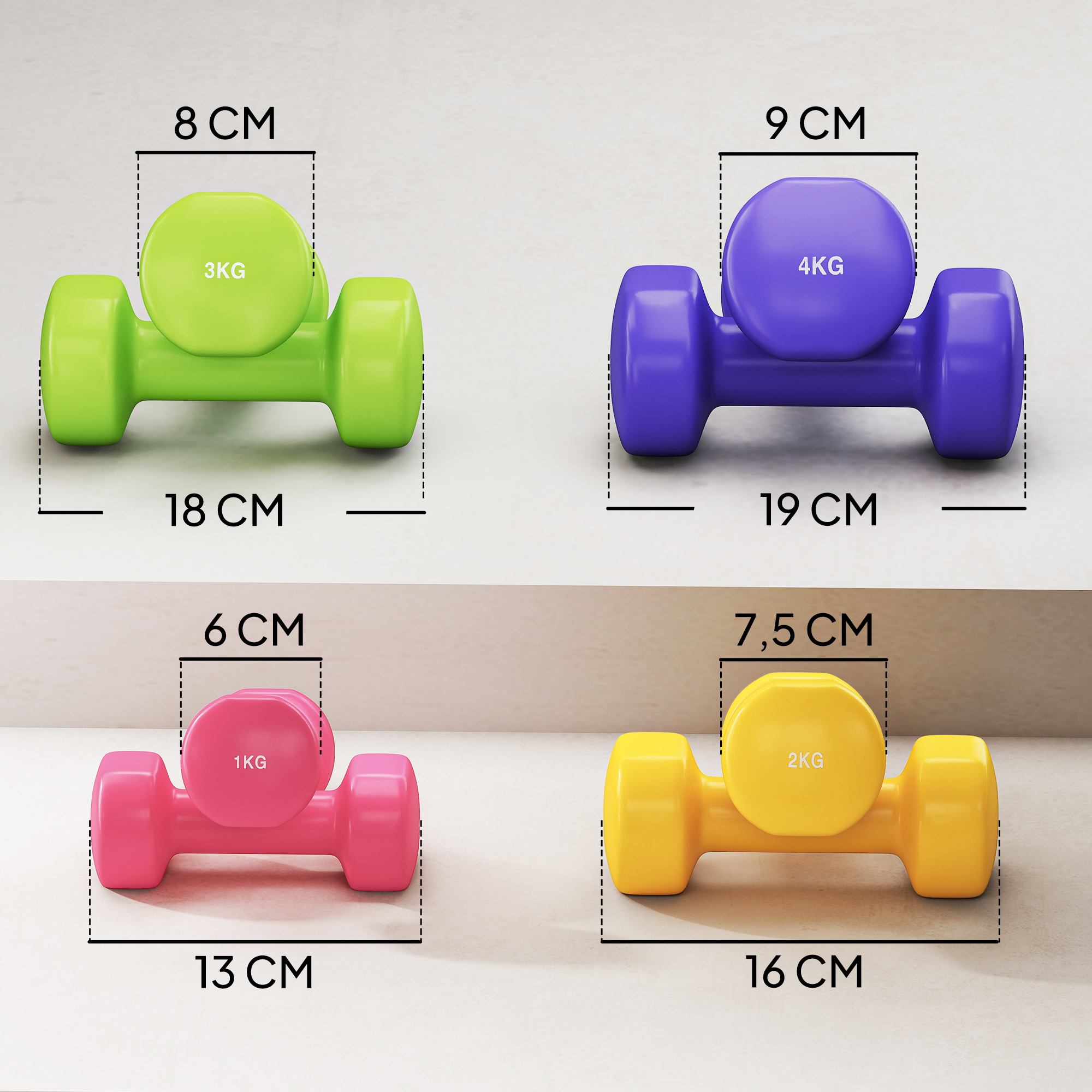 Cuatro mancuernas: verde (3kg), morada (4kg), rosa (1kg), amarilla (2kg) con medidas.