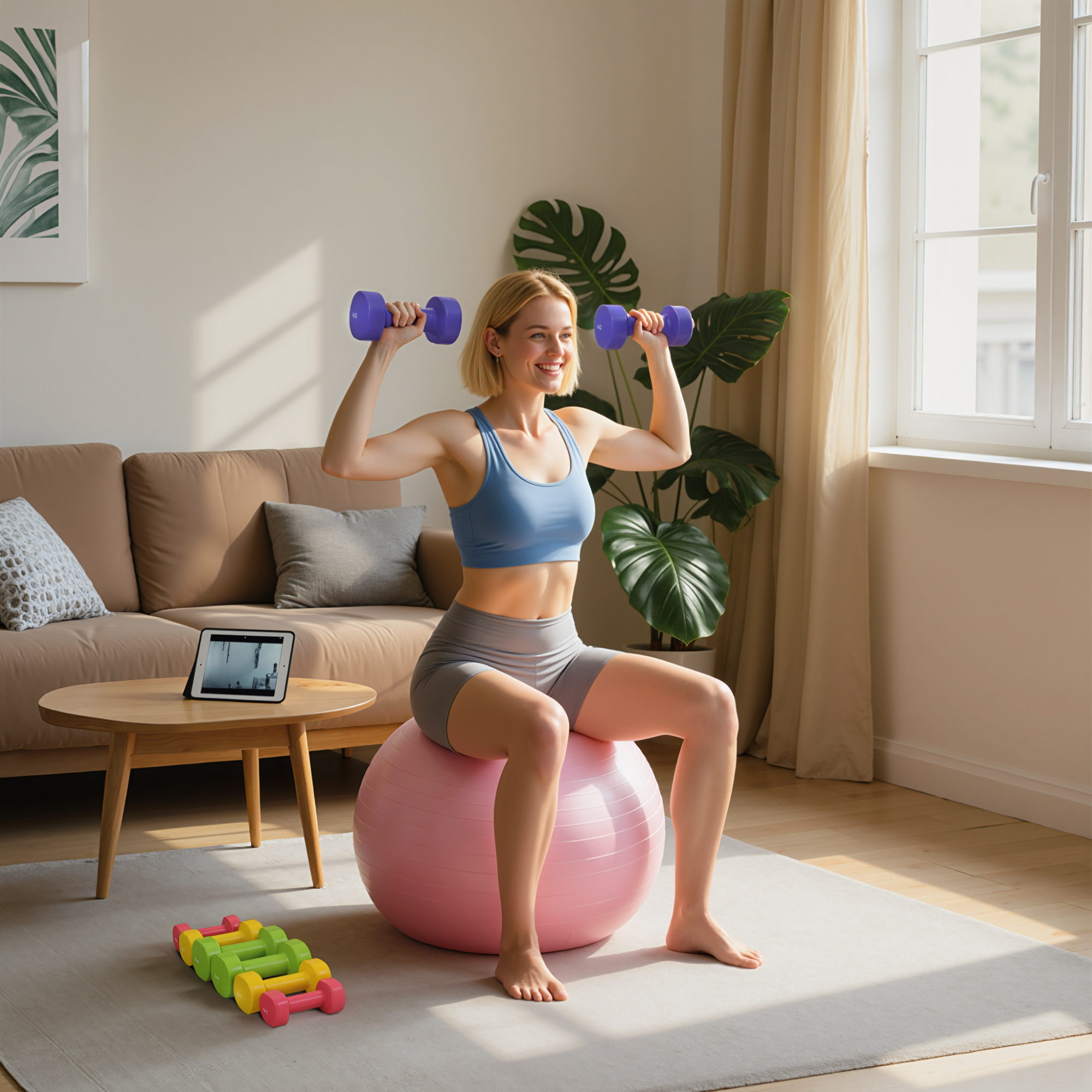 Mujer haciendo ejercicio con pesas en una pelota de fitness.