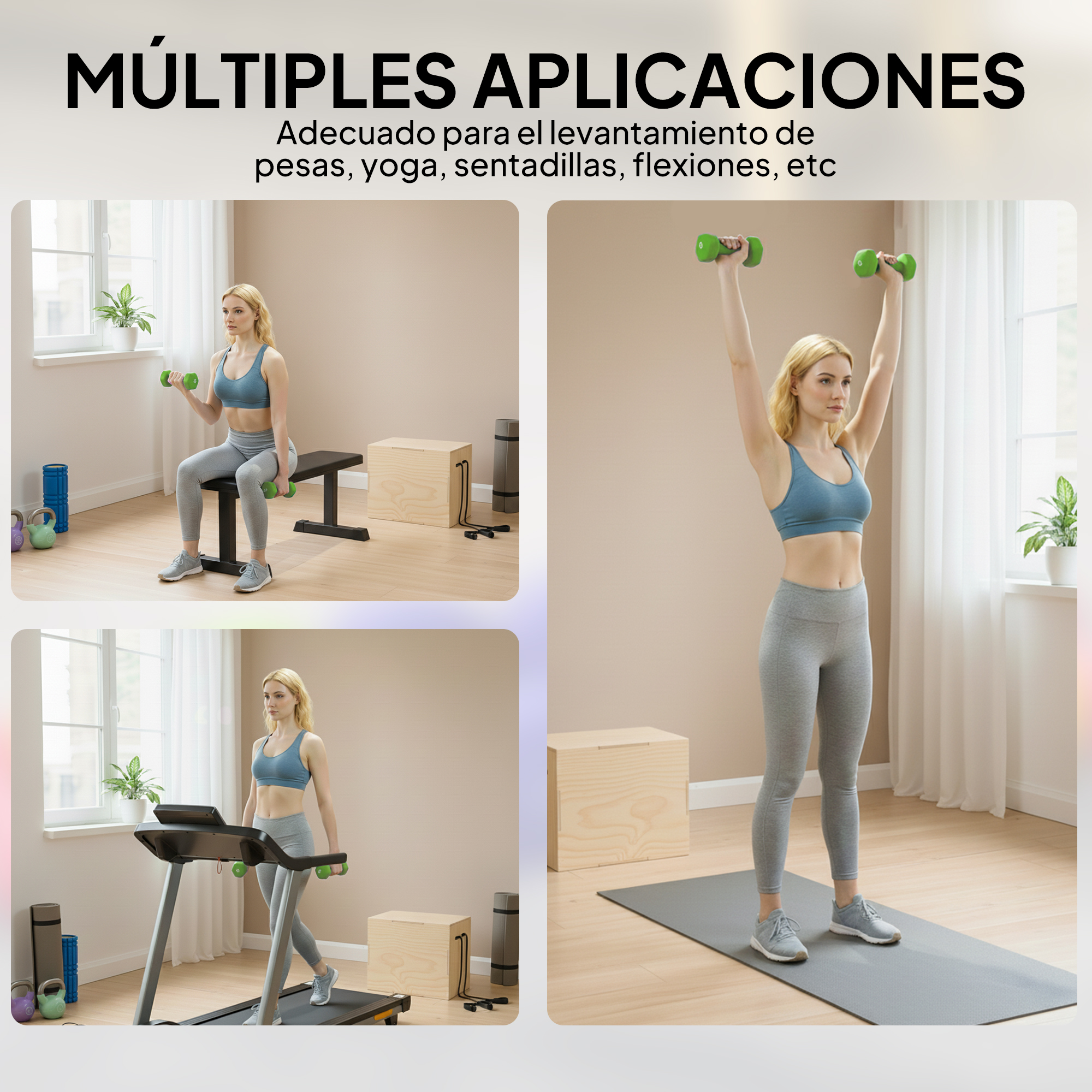 Mujer levantando pesas, haciendo sentadillas y caminando en cinta.