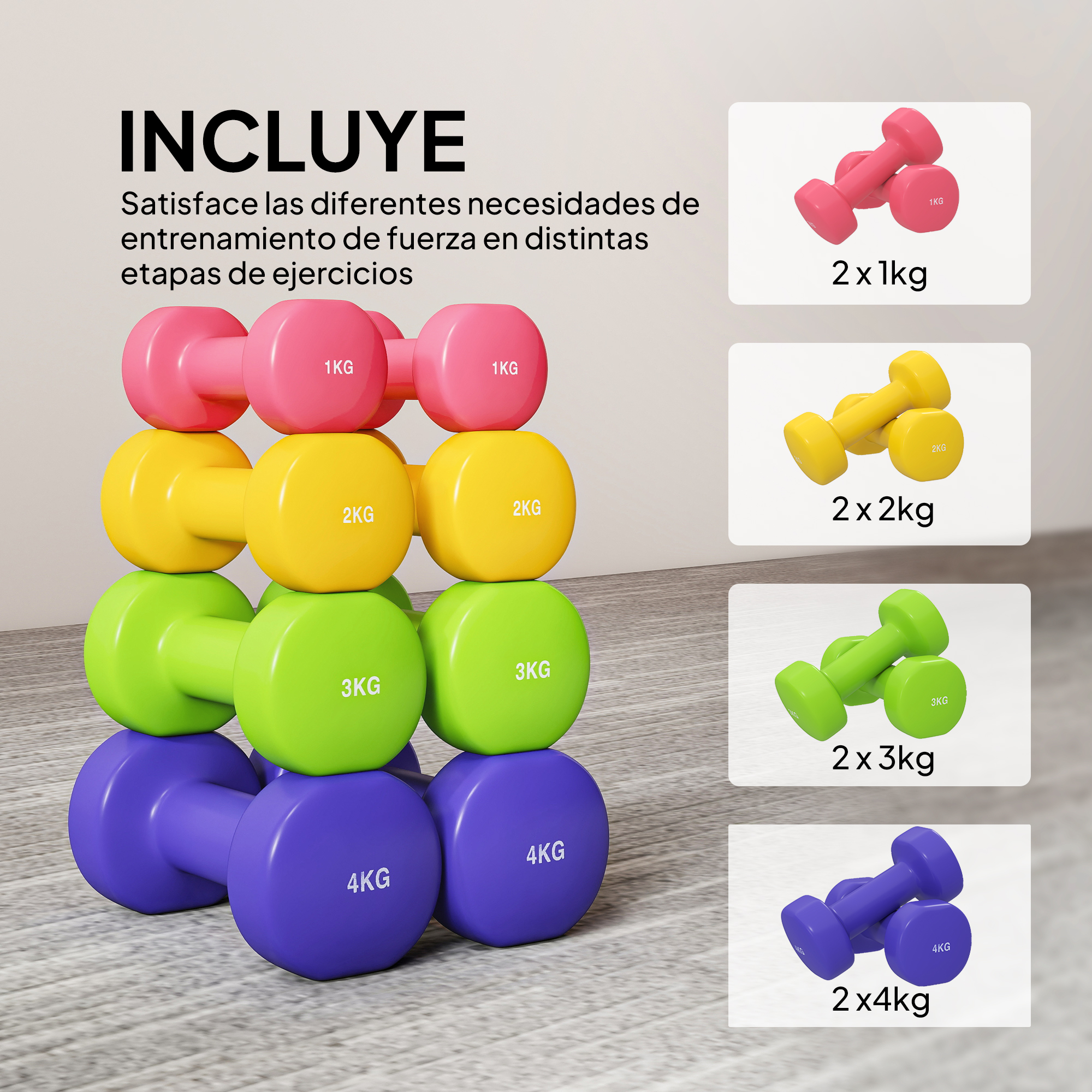 Mancuernas apiladas en rosa, amarillo, verde y morado. Pares de mancuernas a la derecha.