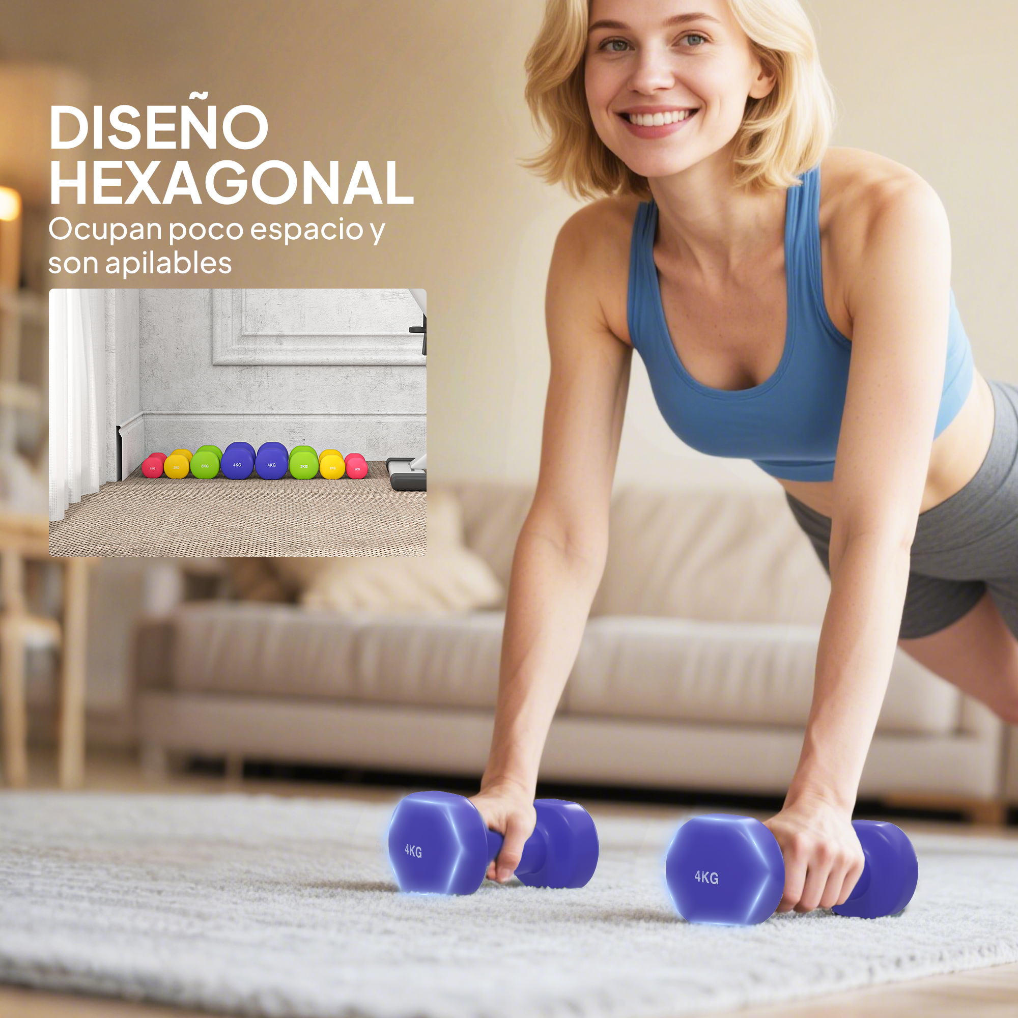 Una mujer con sujetador deportivo azul hace flexiones con mancuernas.
