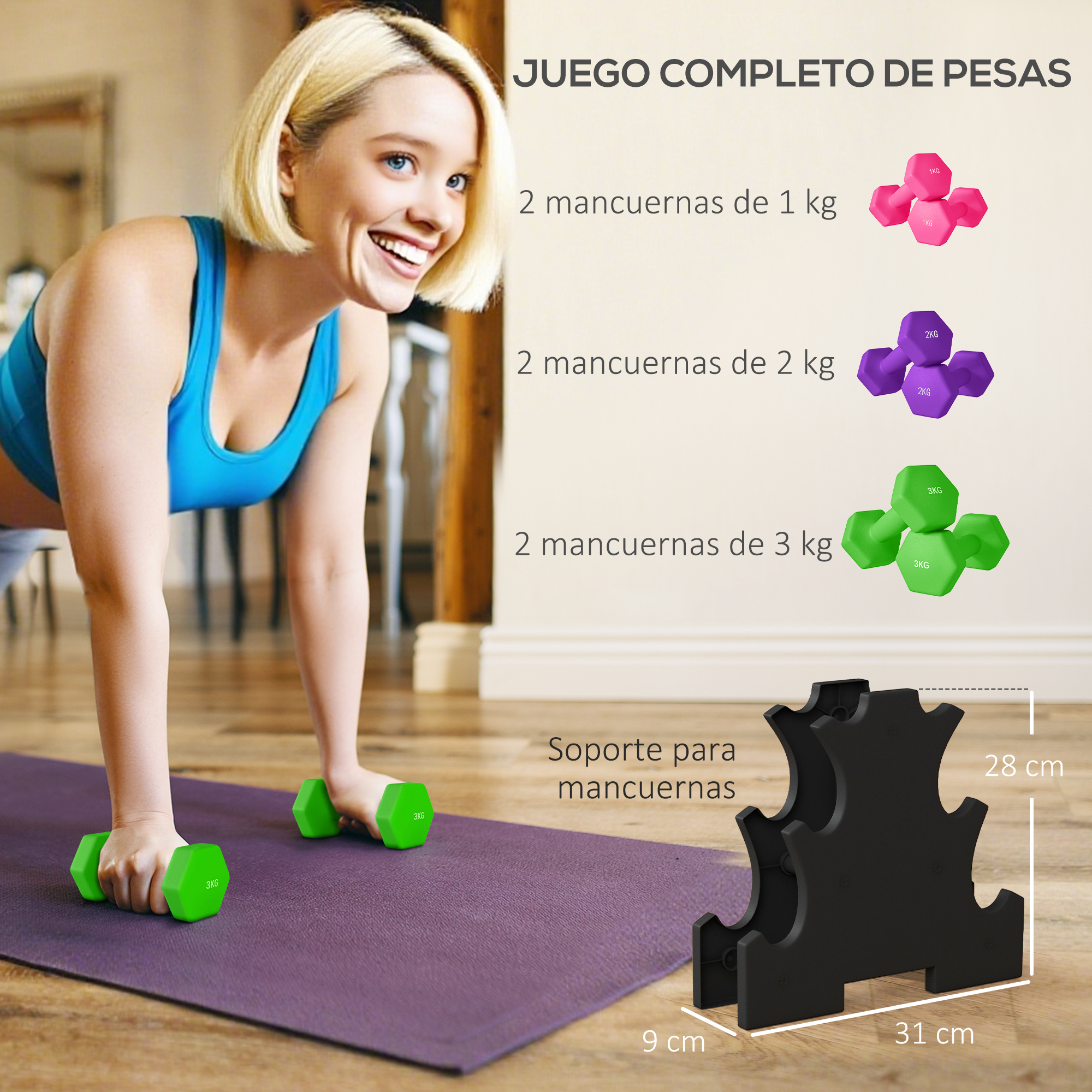 Mujer haciendo flexiones con mancuernas verdes. Se muestran mancuernas rosas, moradas y verdes.