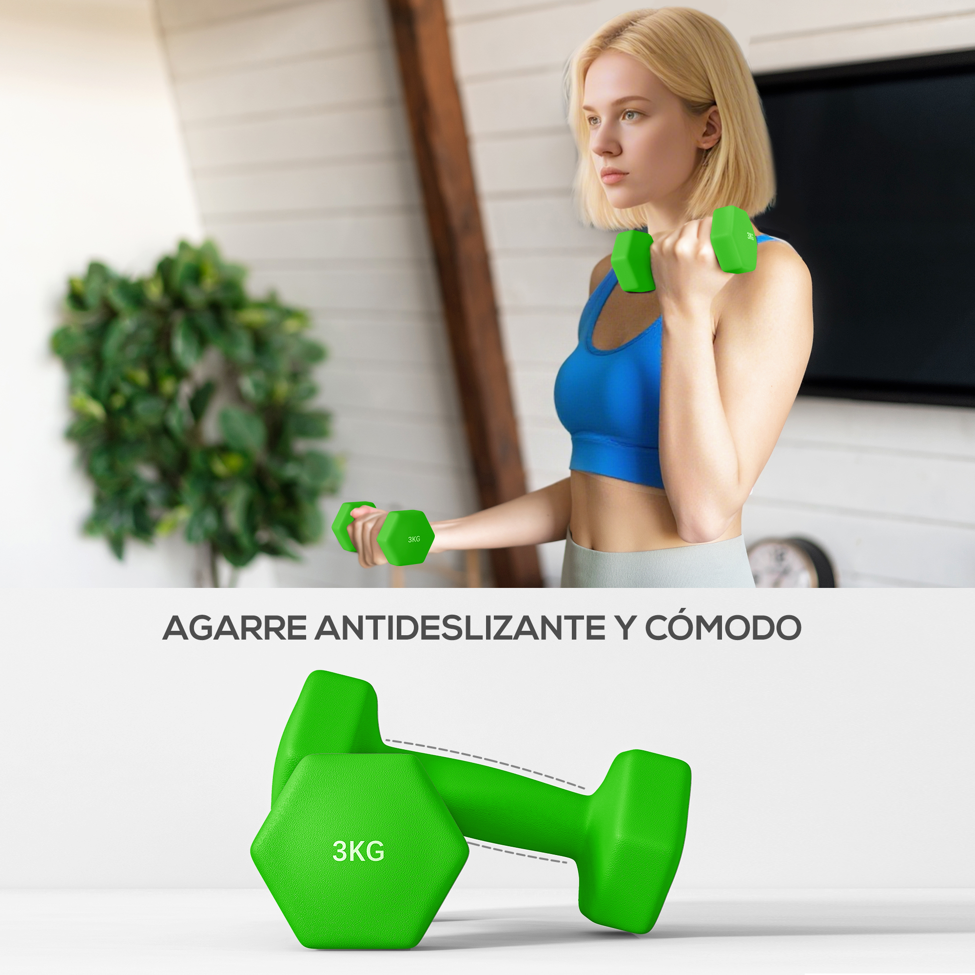 Una mujer rubia sostiene mancuernas verdes.