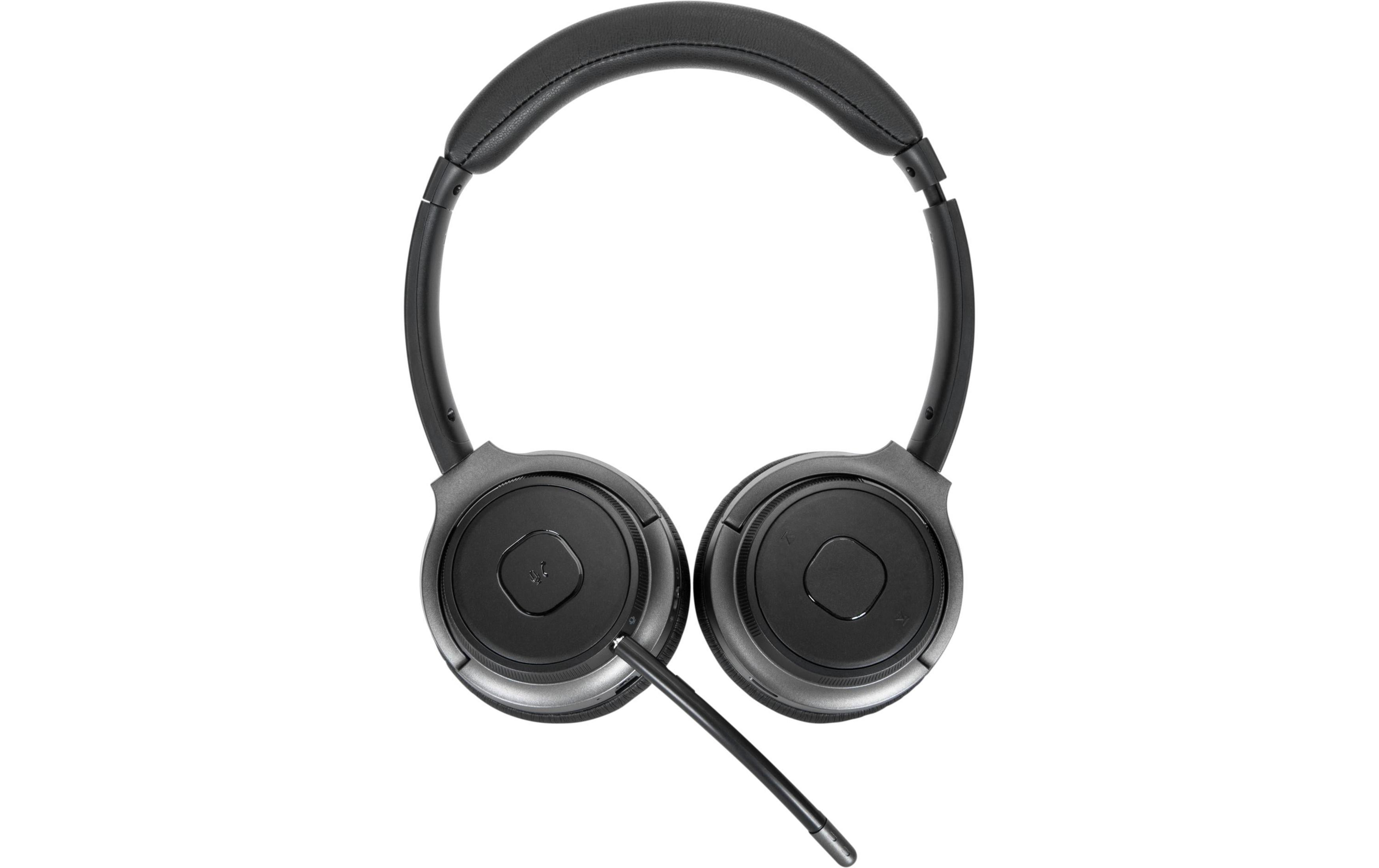 Czarne słuchawki nauszne z mikrofonem i wyściełanym pałąkiem.