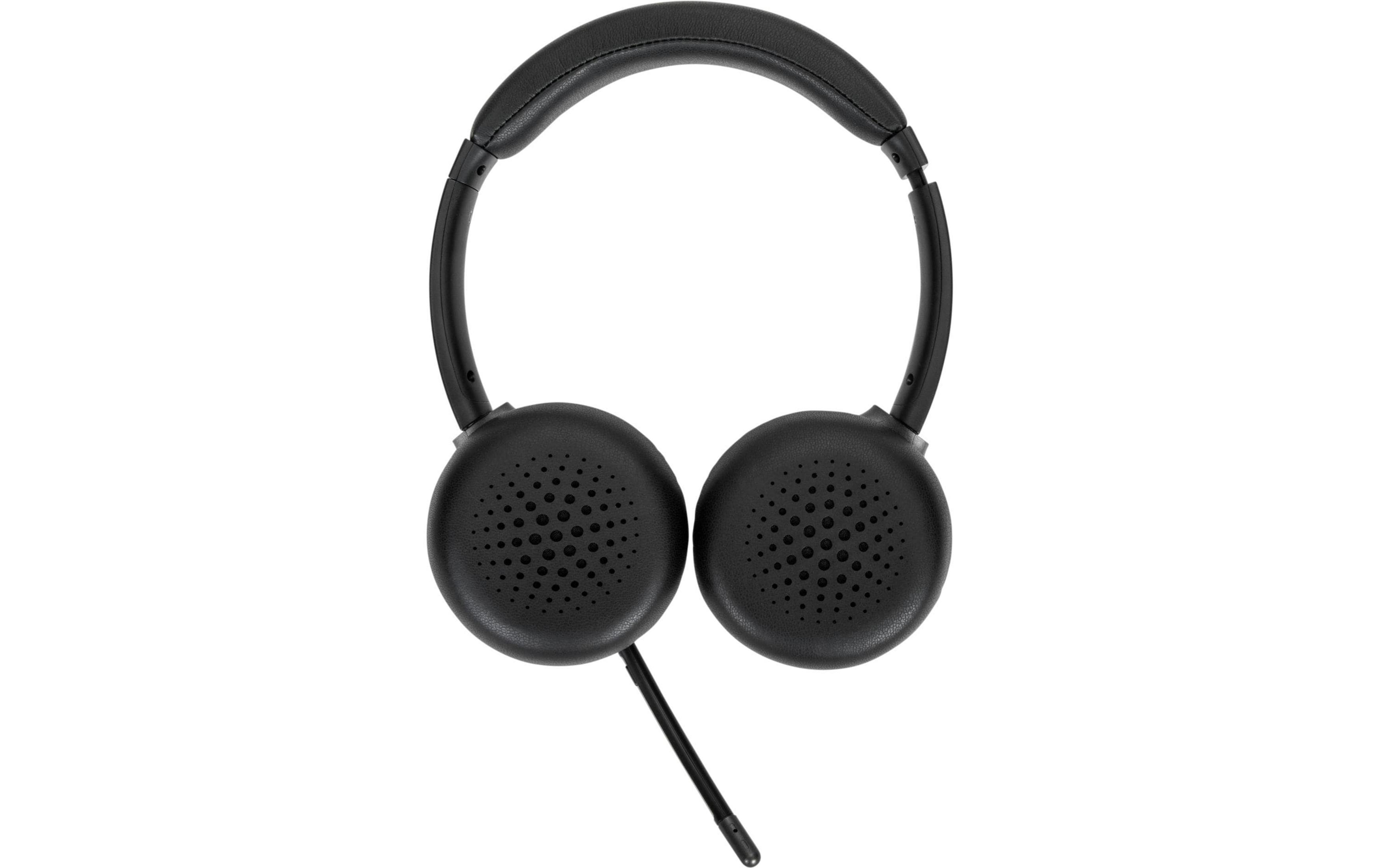 Czarne słuchawki z wyściełanym pałąkiem i okrągłymi nausznikami z perforowanym wzorem.