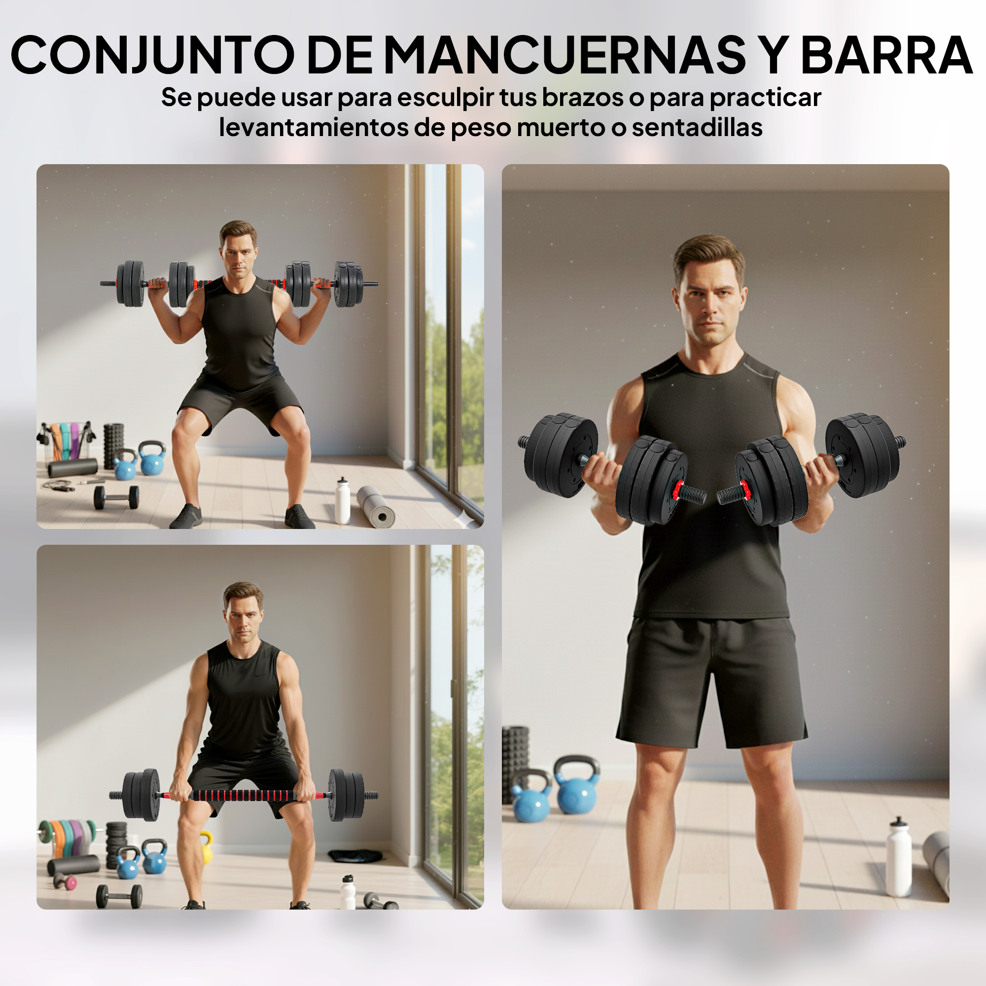 Hombre levanta mancuernas y barra, mostrando equipo de gimnasio.