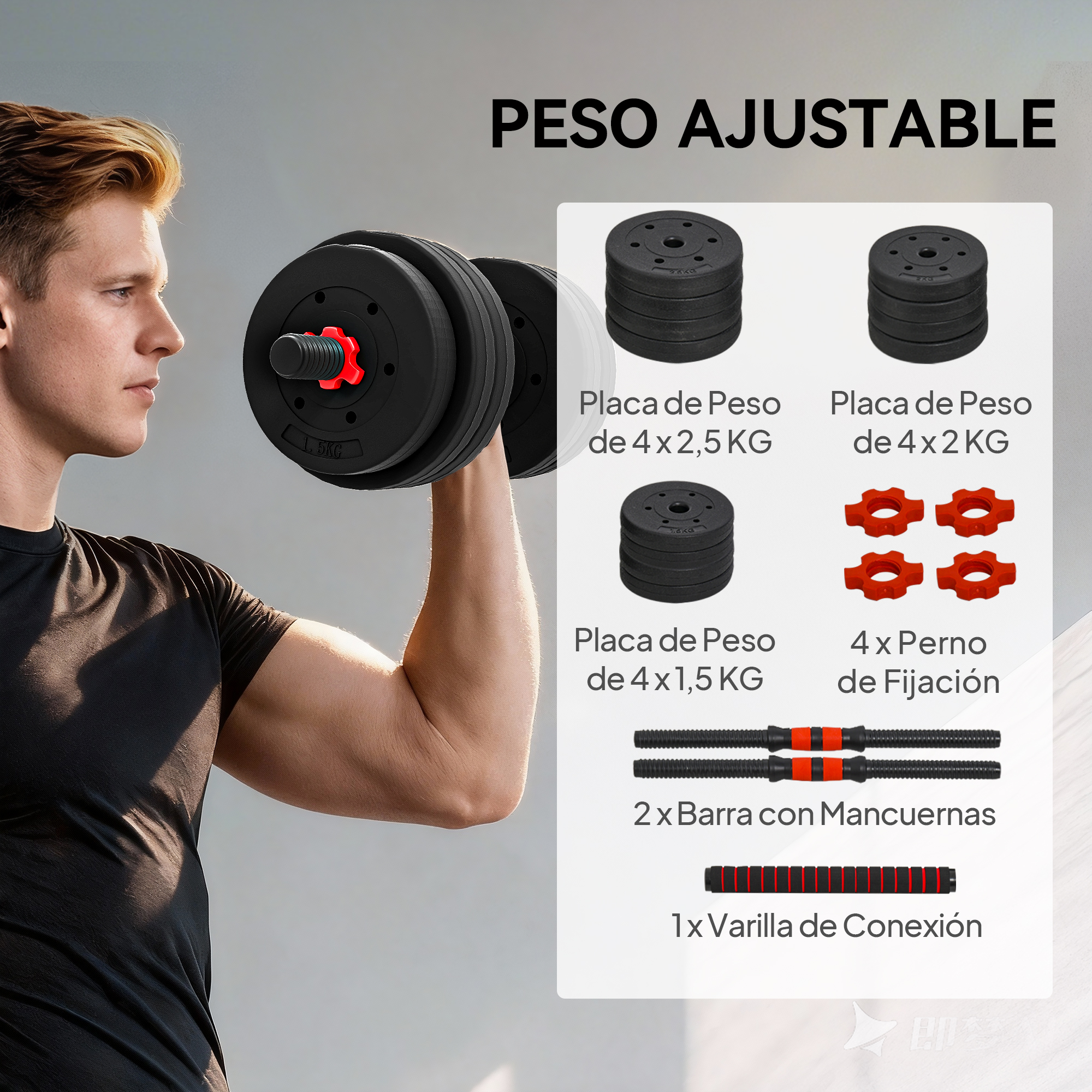 Hombre levanta mancuerna, pesos y accesorios.