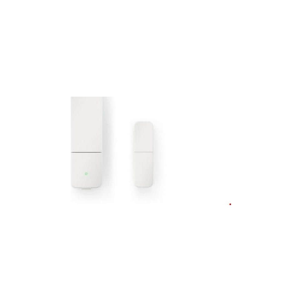 Dwa białe urządzenia, jedno z zieloną diodą LED, stoją obok siebie na białym tle.