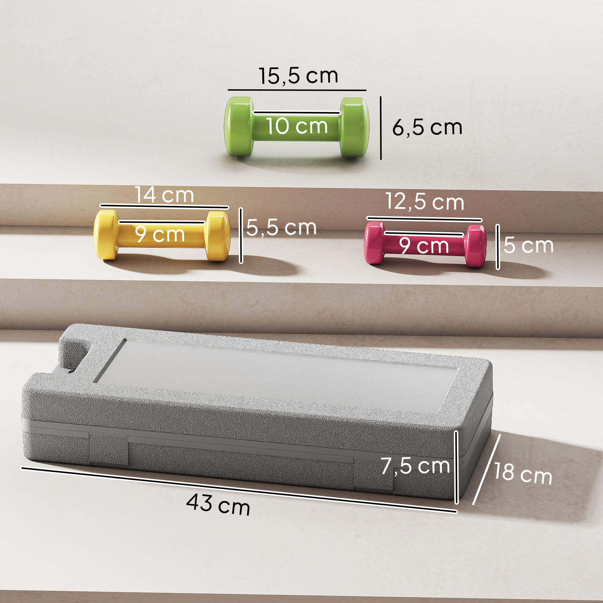 Tres mancuernas (verde, amarillo, rosa) y una caja gris con medidas.