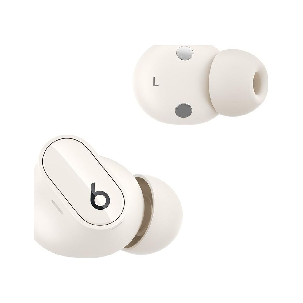 Dwa białe słuchawki bezprzewodowe, z oznaczeniem 'L' na lewej słuchawce.