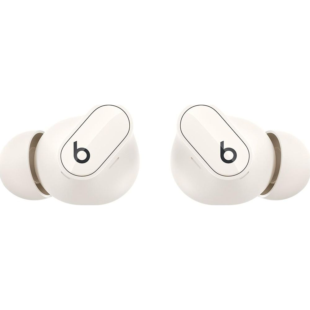 Dwa białe słuchawki bezprzewodowe z czarnymi logo 'b' na białym tle.