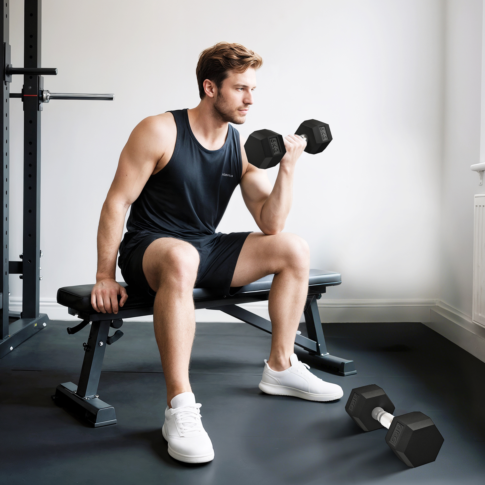 Un hombre hace curls de bíceps con mancuernas en un banco de gimnasio.