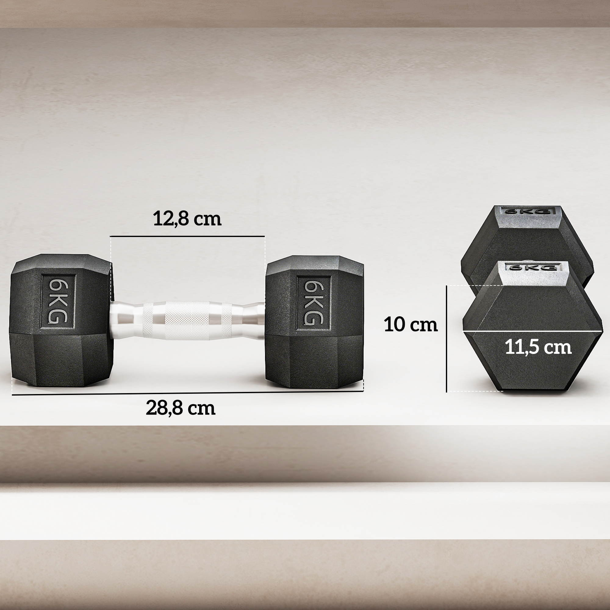 Mancuernas negras marcadas 6KG en un estante. Se muestran dimensiones.