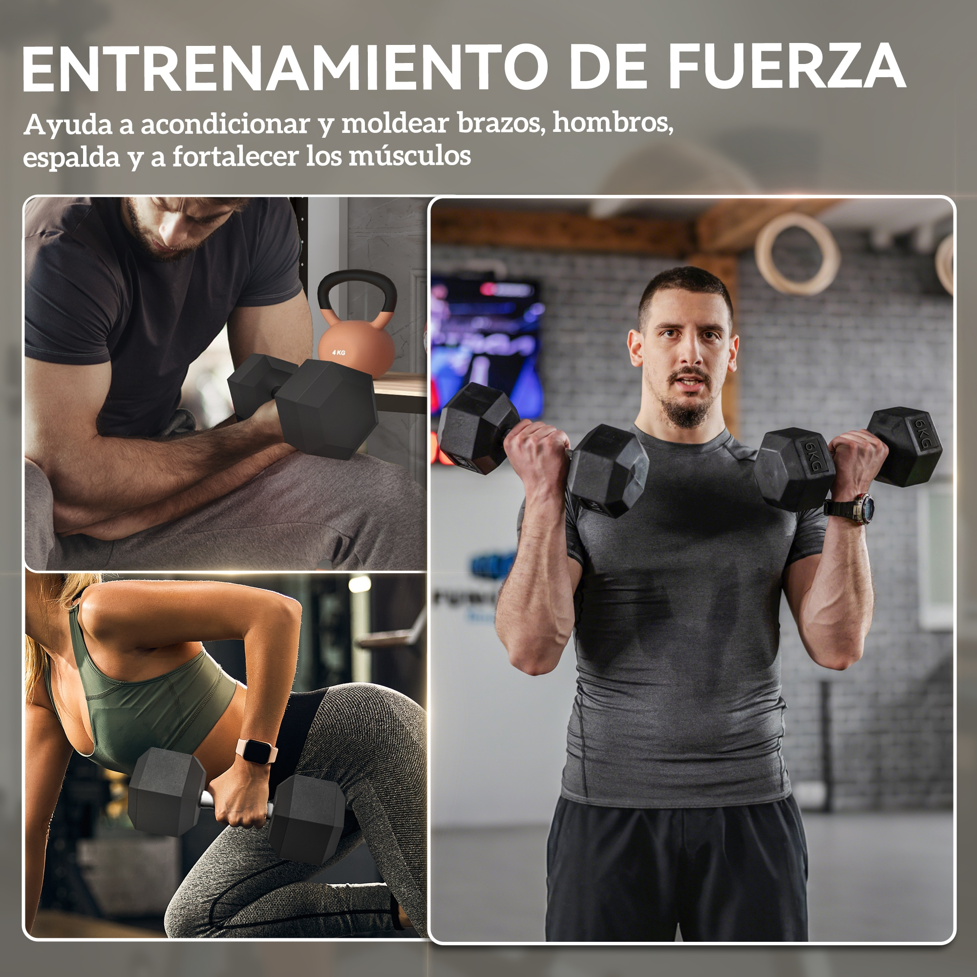 El collage muestra hombres y mujeres levantando pesas. Entrenamiento de fuerza.