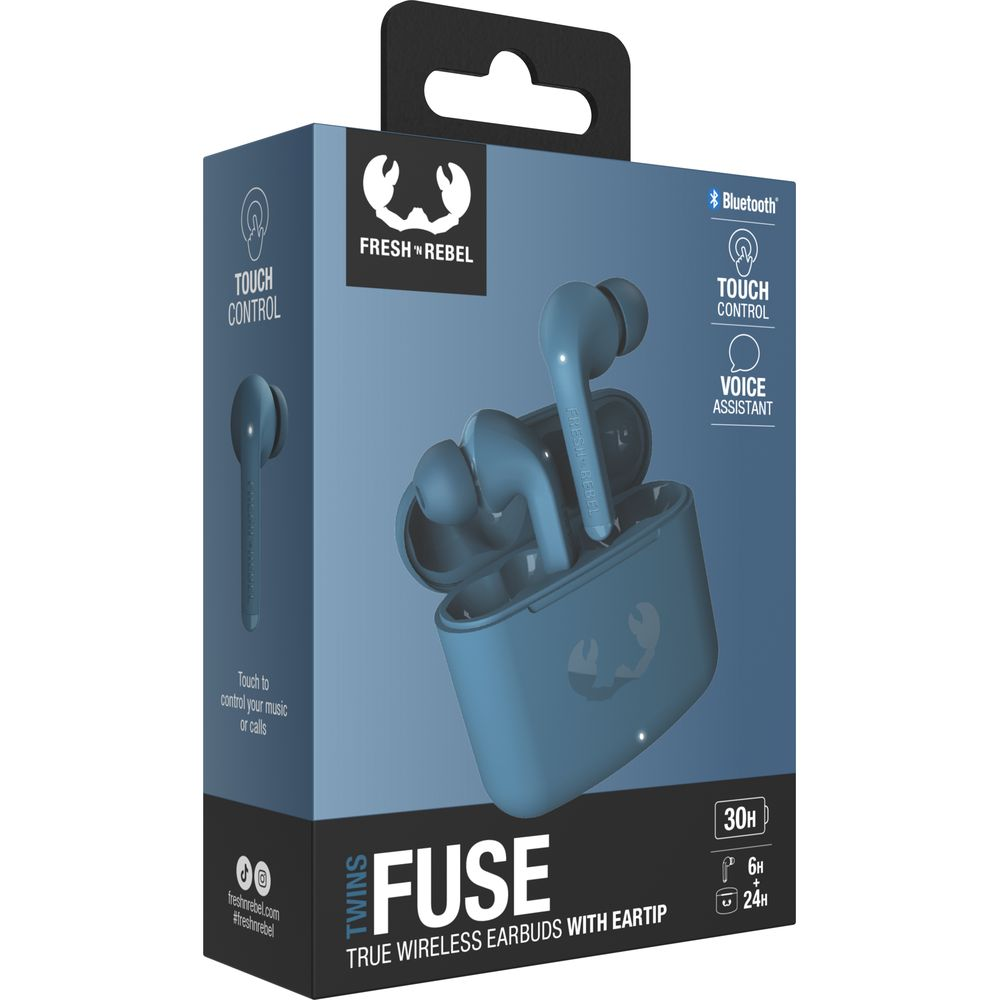 Blaue Fresh 'n Rebel FUSE True Wireless Ohrhörer mit Ladecase auf der Verpackung.