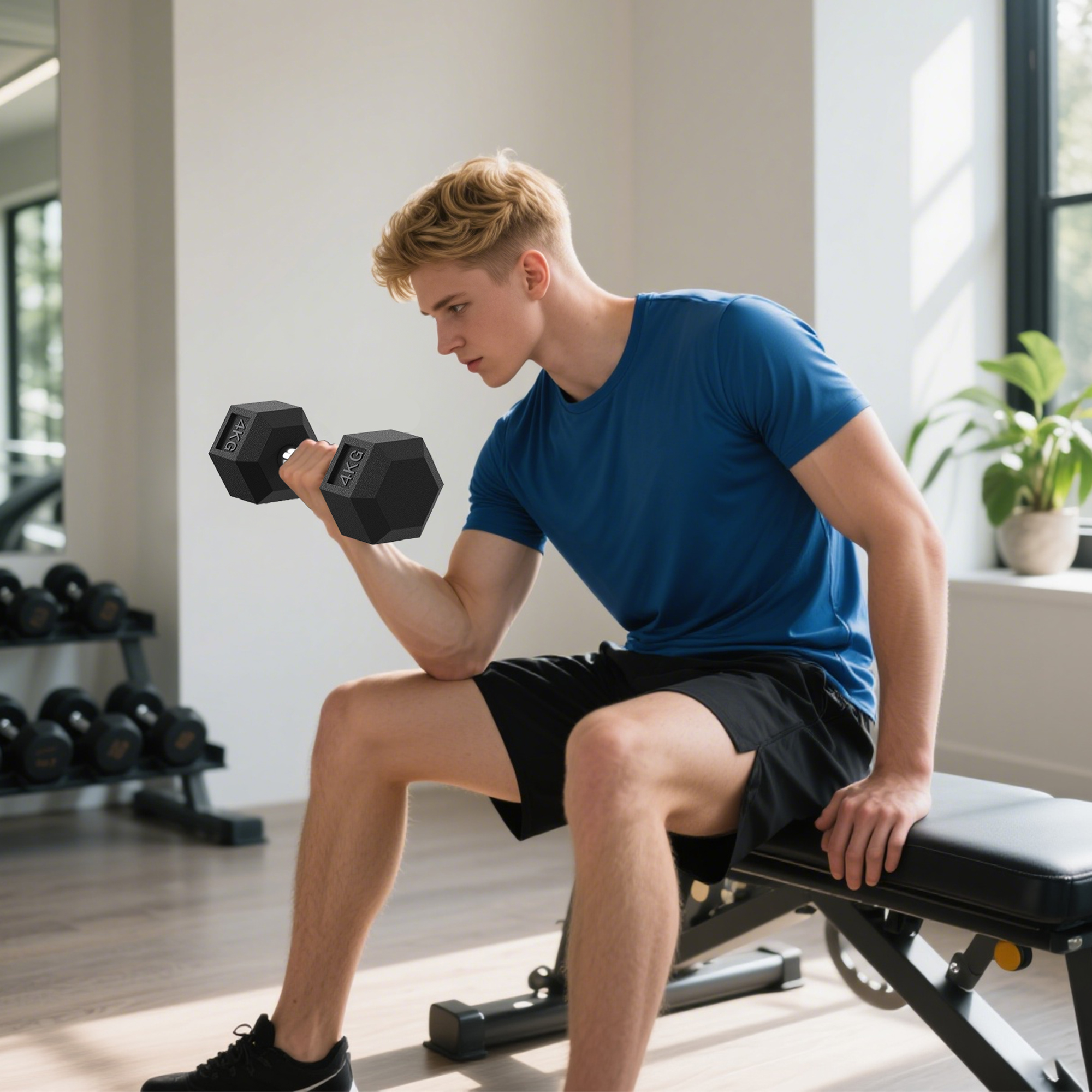 Un hombre levanta una mancuerna de 4 kg en un gimnasio. Está sentado en un banco.